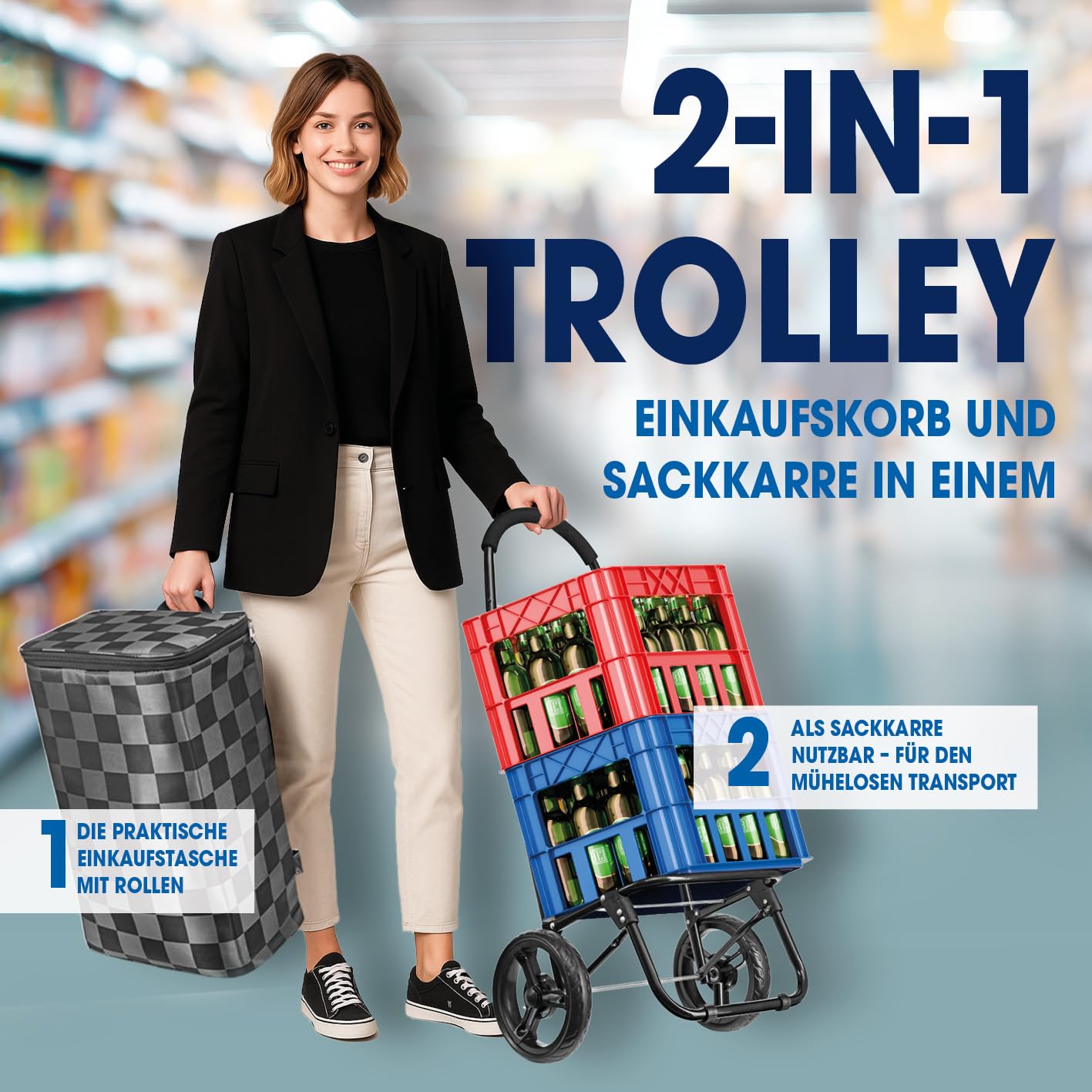 EASYmaxx Einkaufstrolley klappbar 52 L, bis 30 kg | Einkaufstrolley mit Kuehlfach & Sackkarre | Trolly Einkaufswagen mit Abnehmbarer Tasche | Einkaufstasche mit Rollen & Kühltasche - auch für Pakete