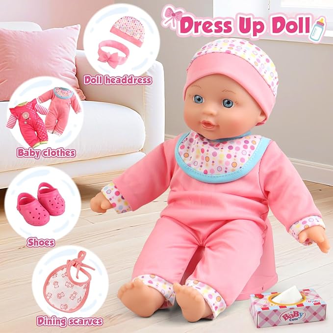 Baby Doll with Stroller Set with 12.5" Baby Dolls, Handbag, 2 Sets Doll Clothes and 16 PCS Doll Accessories. Baby Stroller Toys for Toddler Girls Kids Ages 3-5 4-6 for Pretend Play.
