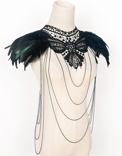 Vista 6 de L'VOW Real Negro Pluma Arnés Collar Collar Collar Babero Halloween