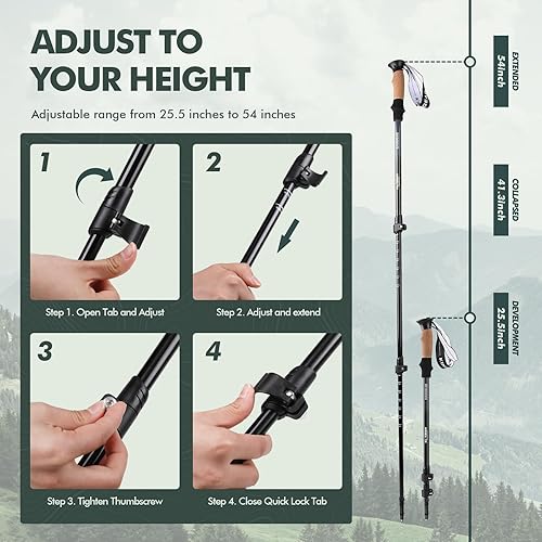 Miniatura 4 de KINGGEAR Bastones de senderismo ajustables, bastones de senderismo con bloqueo rápido abatible, ligero plegable, aluminio 7075 duradero, agarres de
