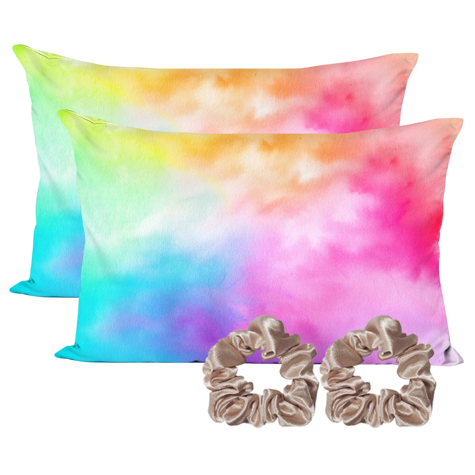 Satin Pillowcase for Hair and Skin,Softer Than Mulberry Silk Pillow Cases 2 Pack, Fade Resistant, Satin Pillowcases with Zipper, Cooling Pillow Cases Standard Size Set of 2, Rainbow Tie Dye