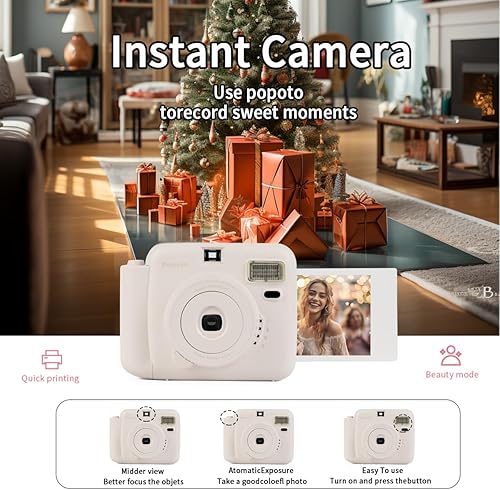 Miniatura 6 de POPOTO Cámara instantánea con funda de cuero, mini 12 calcomanías de decoración de cámara instantánea, marcos, álbum de fotos y más kit de