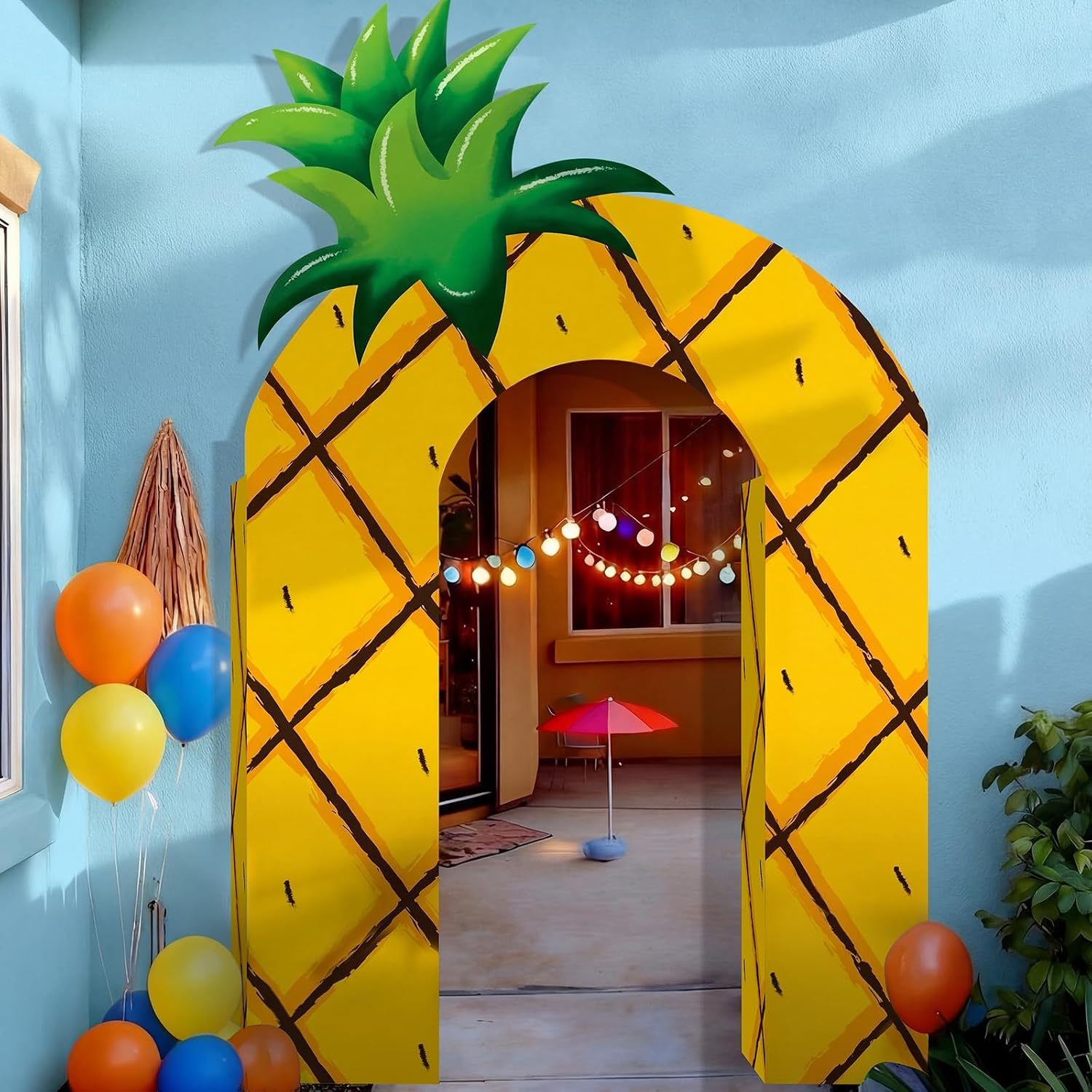 Bucherry 7 Pcs Pineapple Party Decorations Large Yellow Cartoon House Cardboard Cartoon Themed Birthday Party Photo Props Summer Tropical Hawaii Decor for Birthday Baby Shower Classroom Backdrop