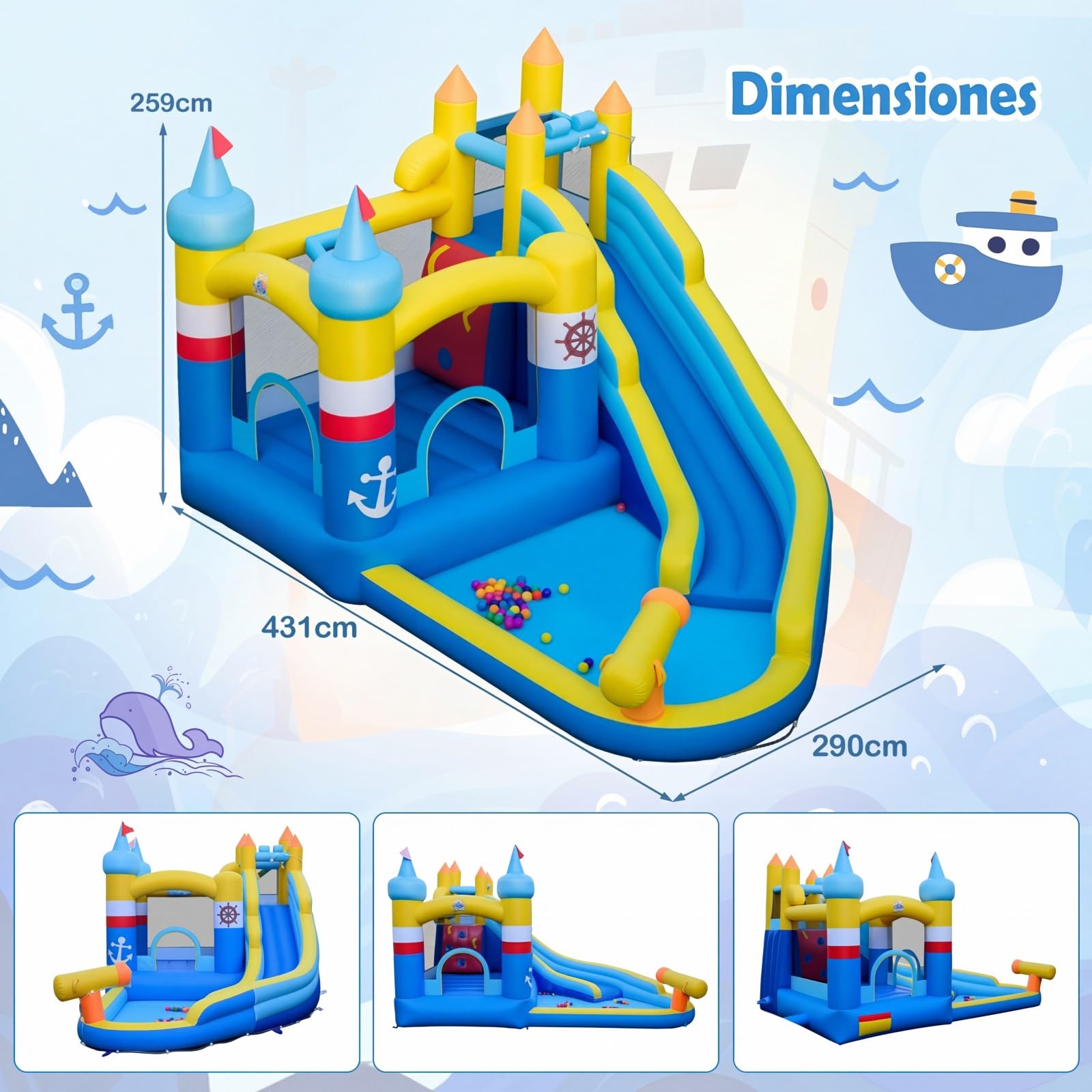 COSTWAY Castillo Hinchable con Tobogán, Castillo Inflable Infantil con Piscina de Chapoteo, Cañón de Agua, Rocódromo, Baloncesto Inflable y Bolsa de Transporte, 431 x 290 x 259 cm (Sin Soplador)