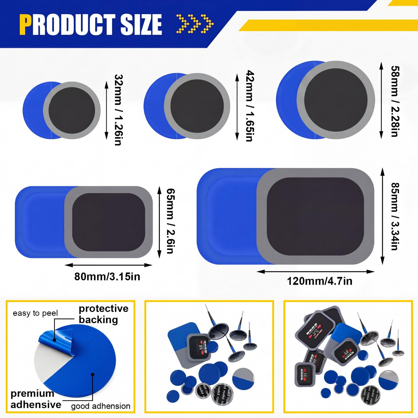 Tallew Kit di 74 toppe per pneumatici in gomma per riparazione pneumatici radiali, kit di riparazione di emergenza per forature auto, camion, autobus, trattori, veicoli e moto, 32 mm, 42 mm, 58 mm, 65