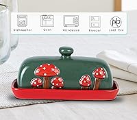 Vista 5 de Mantequera de Cerámica en Forma de Seta con Tapa para Encimera - Bandeja de Contenedor Rojo, Grande Cubierta