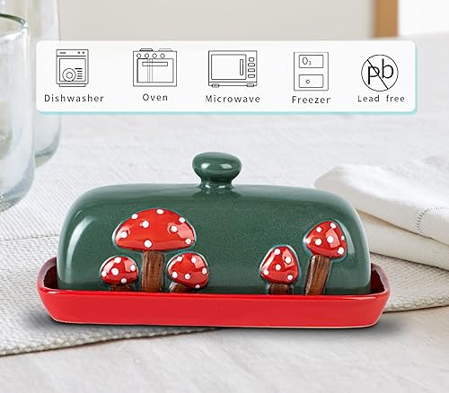 Miniatura 5 de Mantequera de Cerámica en Forma de Seta con Tapa para Encimera - Bandeja de Contenedor Rojo, Grande Cubierta