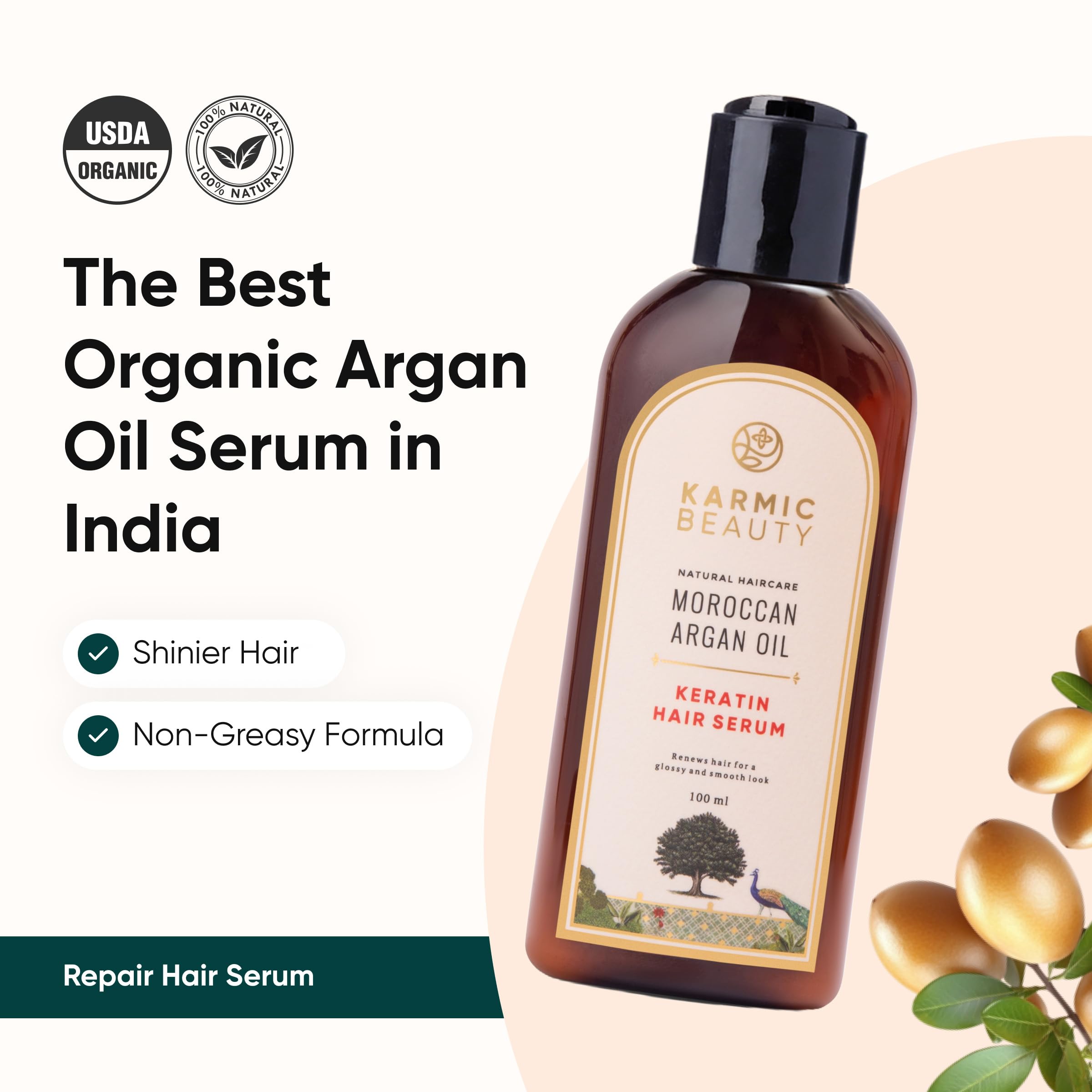 KARMIC BEAUTY Luxuriöses Haarserum mit marokkanischem Arganöl, 100 % biologisch und natürlichem Keratin, für weiches, seidiges und glänzendes Haar, leichte und fettfreie Formel, ohne Sulfate oder