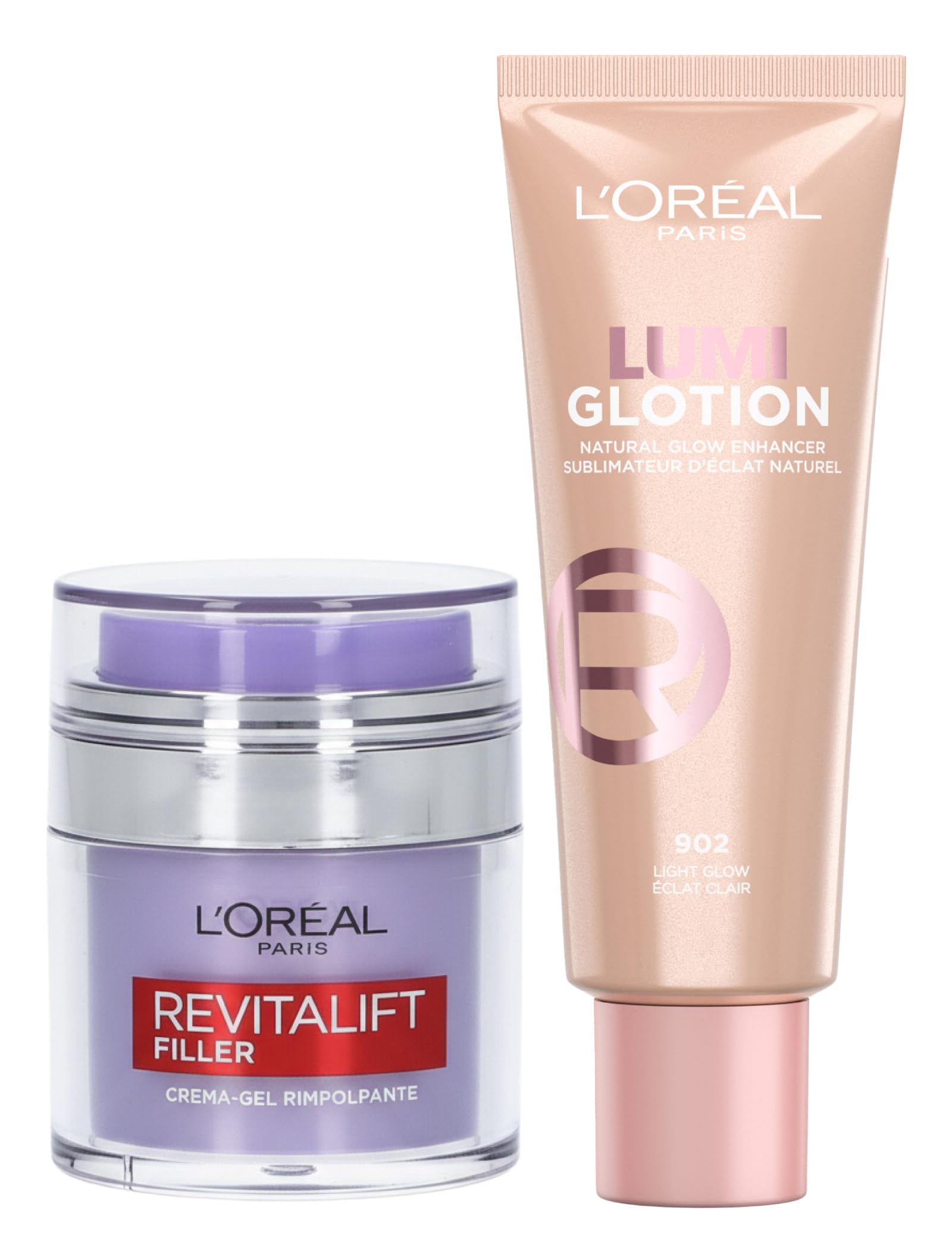 L'Oréal Paris Lumi Glotion Illuminante Liquido Illumina e Idrata Viso e Corpo Tonalità 902 Light Glow da 40ml + Revitalift Filler Crema Gel Viso Rimpolpante con Acido Ialuronico da 50ml