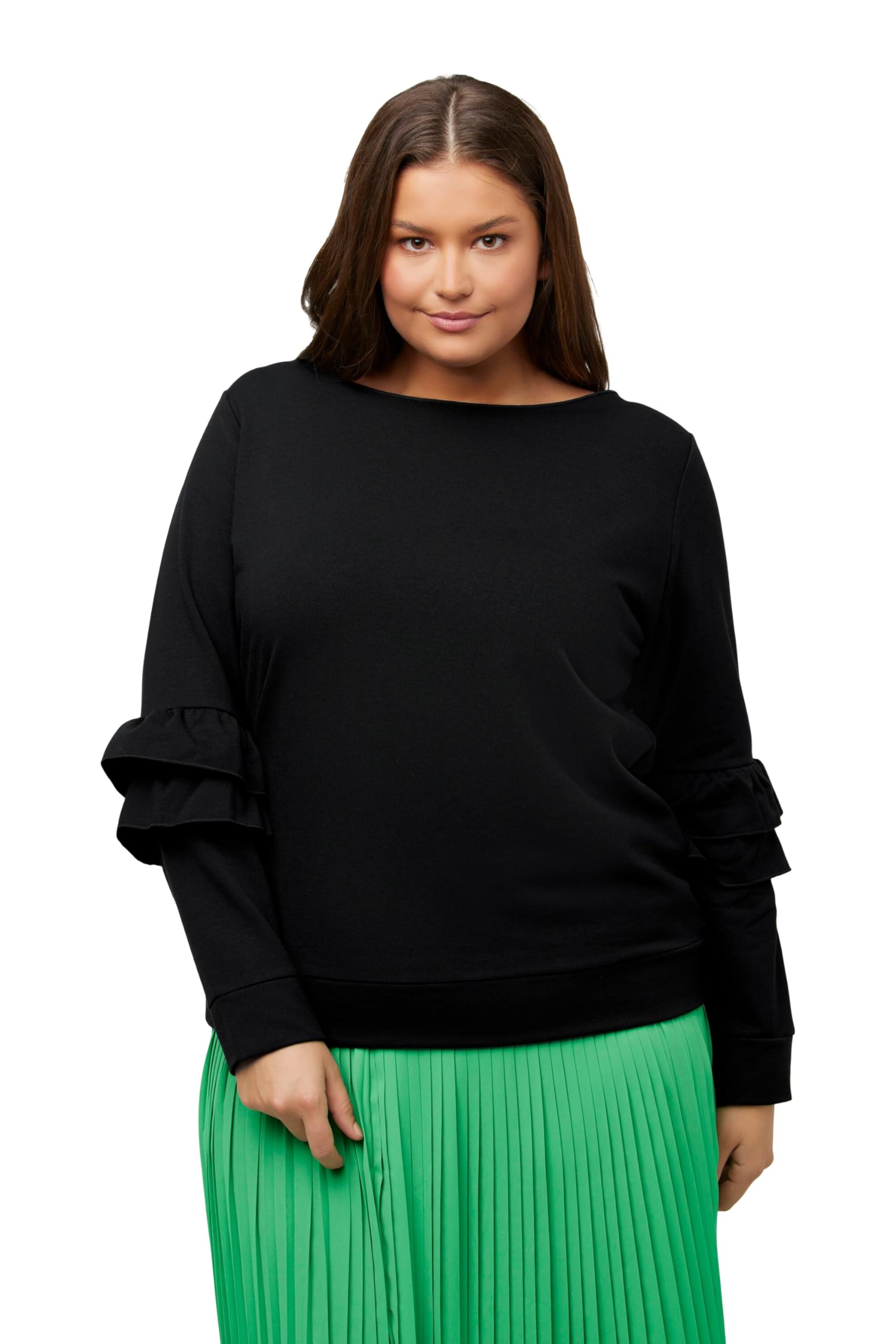 Ulla Popken Damen große Größen Übergrößen Plus Size Sweatshirt, Rüschen, V-Ausschnitt, Langarm 816585