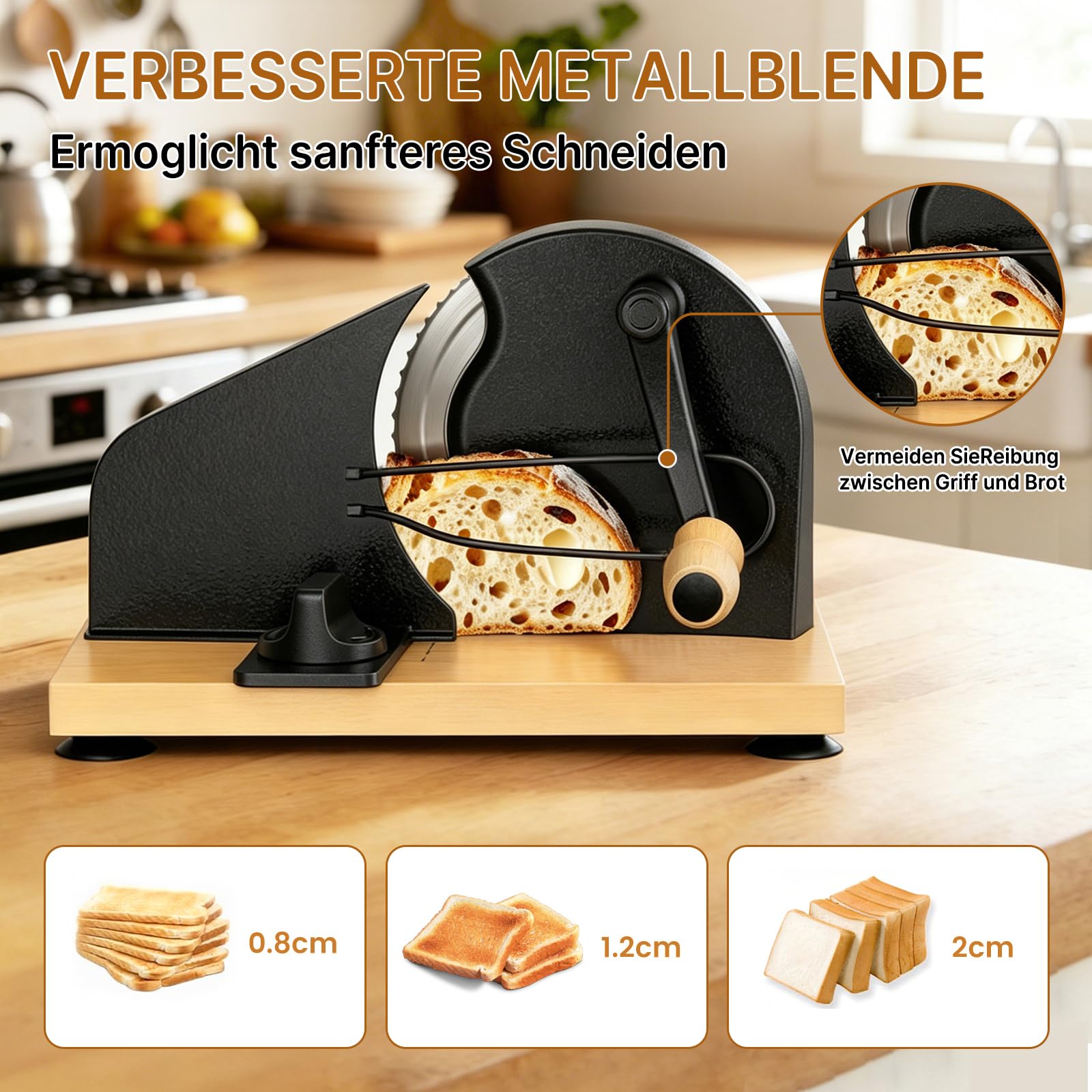 Brotschneidemaschine Manuell mit Handkurbel | Einstellbare Scheibendicke | Scharfe Edelstahlklinge & Buchenholz Basis | Rutschfest durch Saugnäpfe | Kompakt für selbstgemachtes Brot & Sauerteigbrot