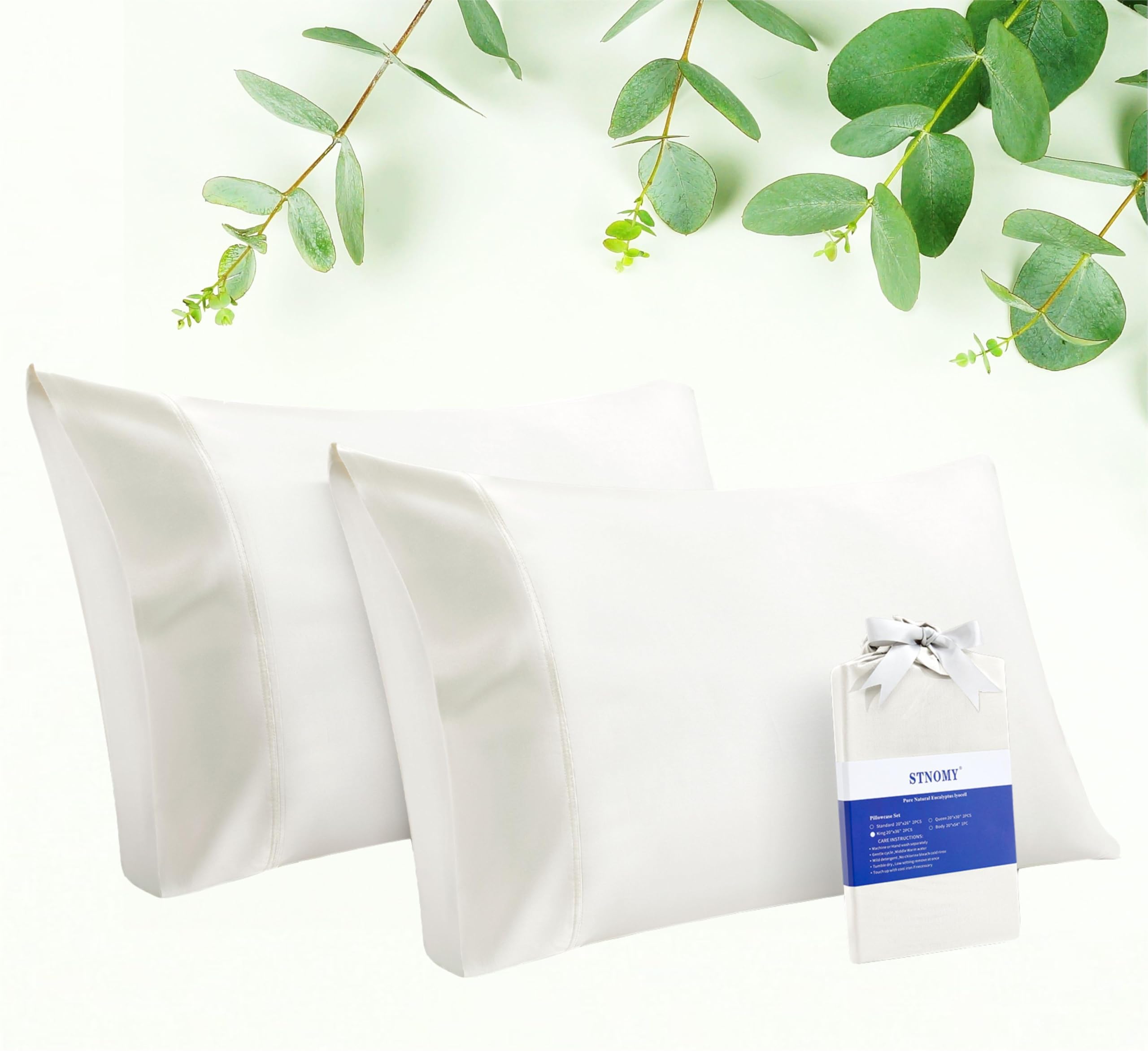STNOMY Premium 100% Eucalyptus Tencel Lyocell Cooling Pillowcase Set of 2, Moisture Wicking,Temperature Regulating, Soft &Smooth Sateen Pillow Cover