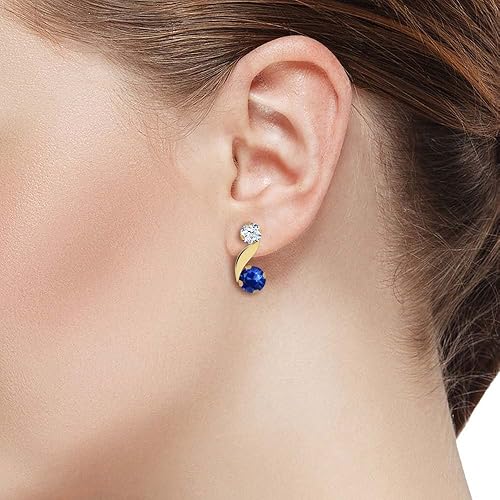 Miniatura 2 de Gem Stone King Aretes de oro amarillo de 14 quilates con zafiro azul y zafiro blanco para mujer (0.98 quilates, piedra natal de piedras preciosas,