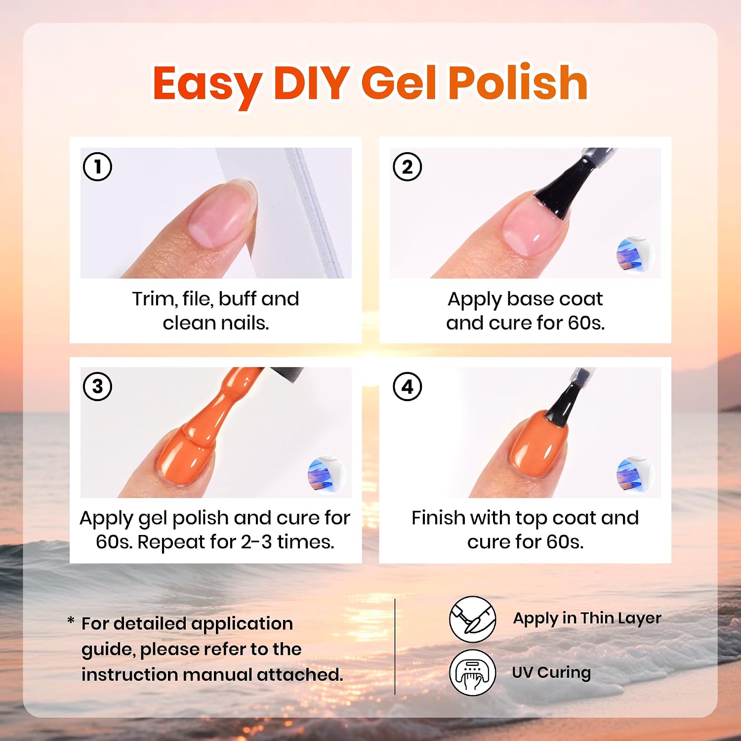 Beetles Orange Gel Nail Polish Set - Summer Sunset Auras Shimmer Gel Polish, 6 Colors Sunrise Tangerine Coral Orange Gel Nail Art, Soak Off Uv DIY Salon Manicure Kit Gift for Women