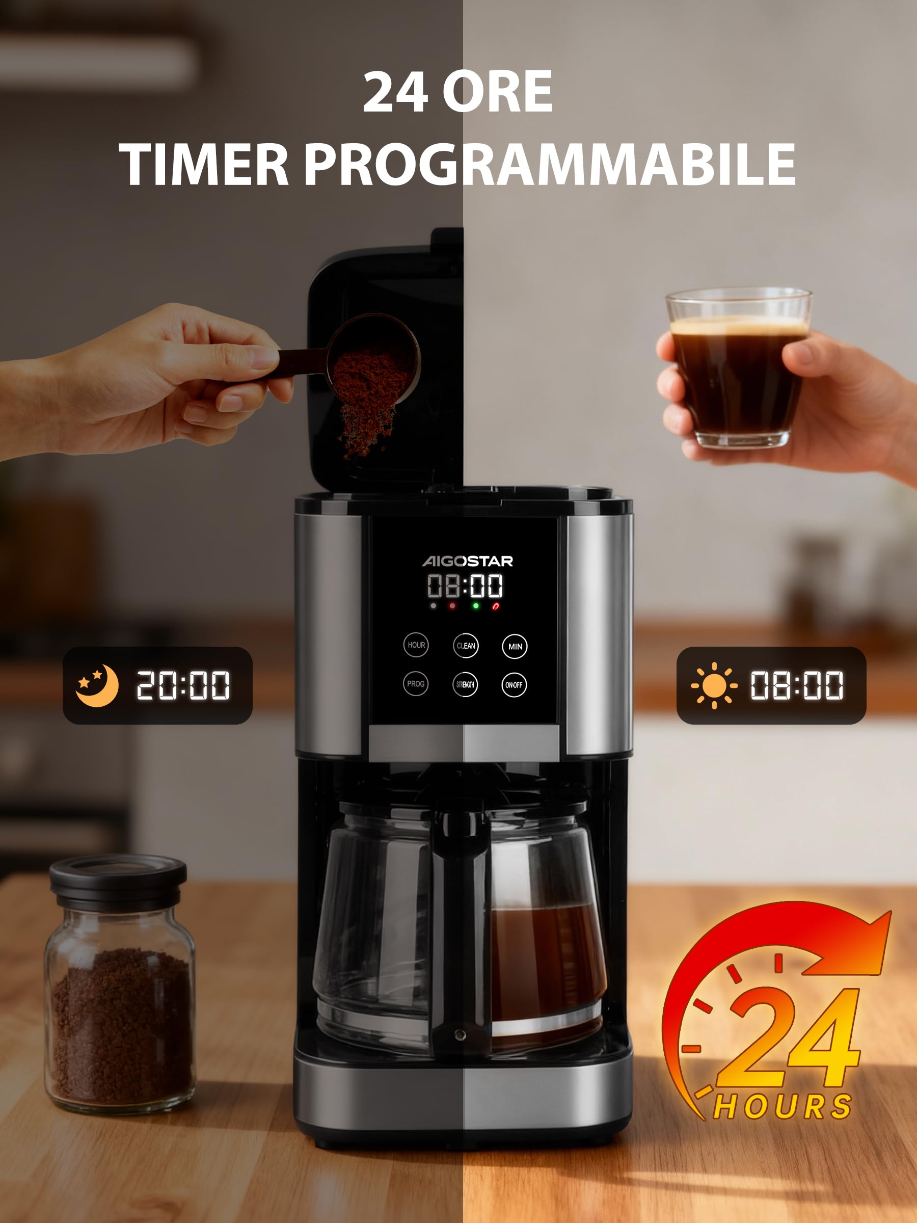 Aigostar - Macchina Caffè Americano, 1000W, Programmabile 24h con Display LCD, Autopulizia, 1.5L (12 Tazze), Regolazione Intensità, Filtro Riutilizzabile, Antigoccia, Piastra Riscaldante, BPA FREE
