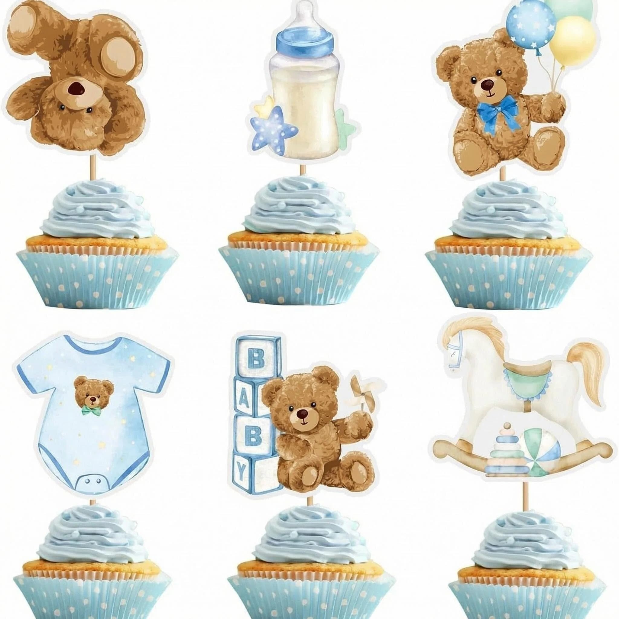 36 Pcs Baby Shower Cake Topper Set, Blue Teddy Bear with Balloon Moon Heart, Oh Baby Cake Topper for Gender Reveal, 1st Birthday, Christening & Neutral Baby Party Supplies