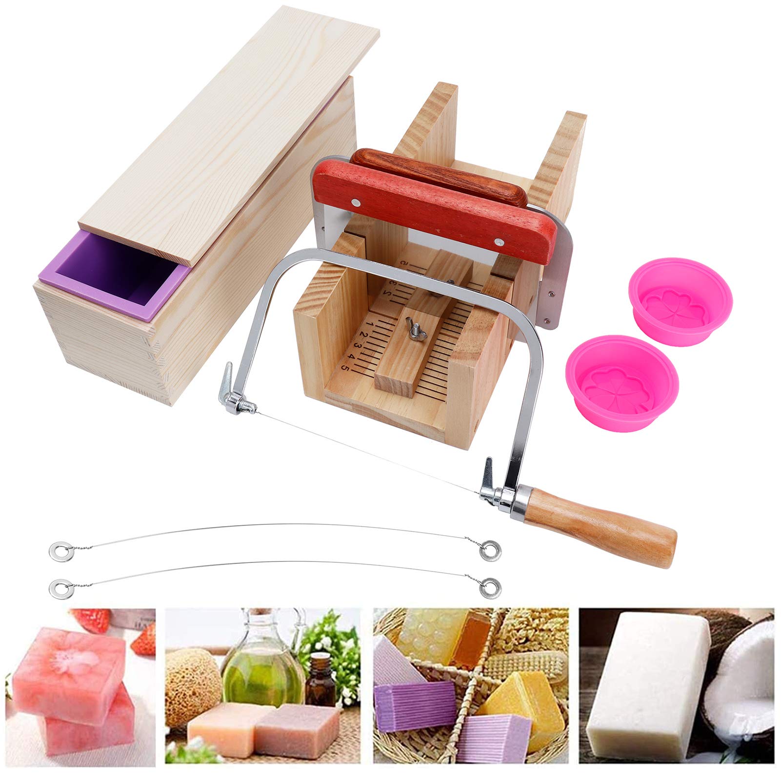 Kit de moldes de jabón de silicona de 9 piezas de 42 oz con caja de madera | Raspador ondulado y recto de acero inoxidable para suministros de fabricación de jabón artesanal casero