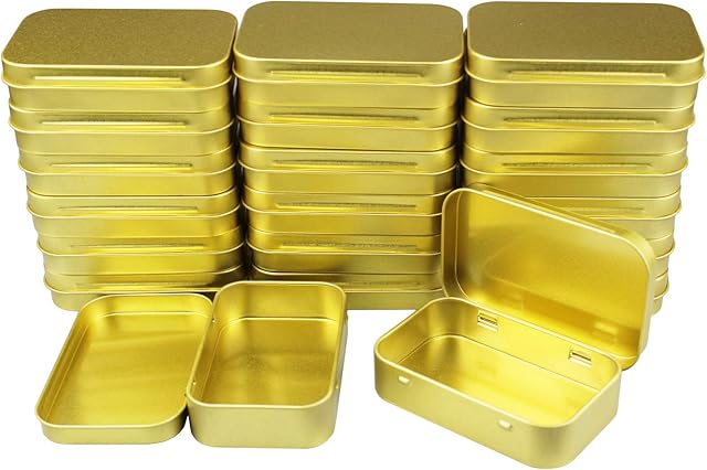 20 Pieces Rectangular Metal Empty Hinged Tins Containers Basic Necessities Home Storage Organizer Mini Box Set, 95 x 62 x 20 mm (Golden)
