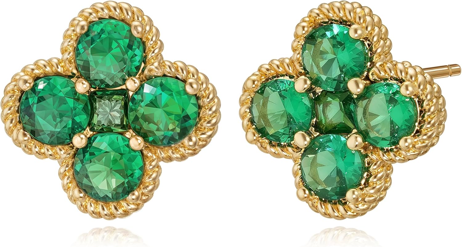 Clover Earrings for Women - 12 Month Birthstone Earrings 14k Gold Plated Four Leaf Clover Hypoallergenic Stud Lucky Jewelry Gift for Women