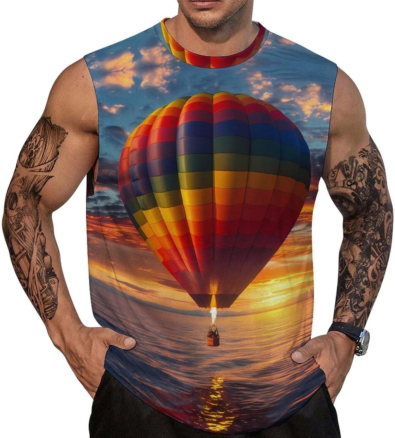 Hot Air Balloon Over Ocean Men Summer Sleeveless Crew Neck Top 5XL