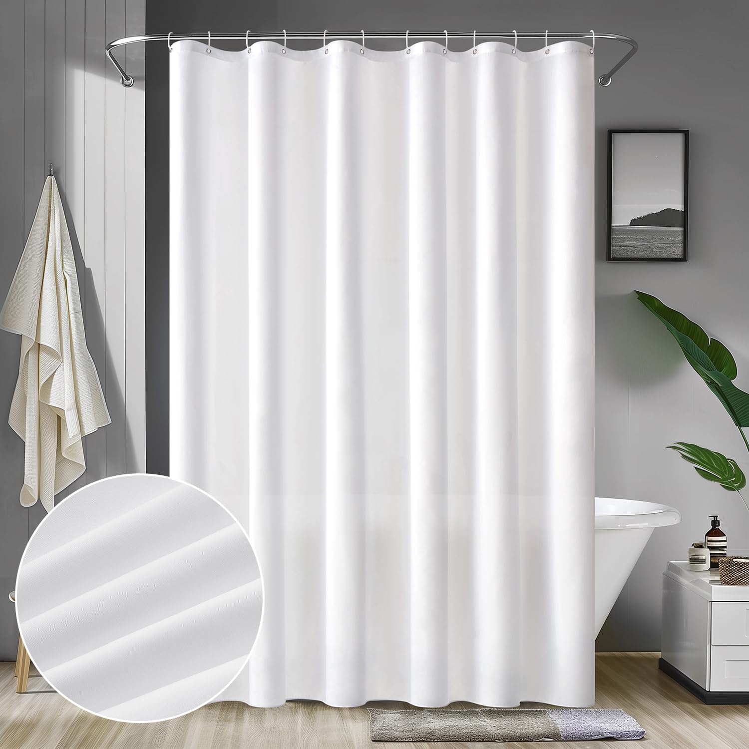 MIULEE Cortina de Ducha 150 x 180 cm Cortinas de Baño de Poliéster Tela Impermeable Antimoho Secado Rápido Lavable Cortina Baño Blanco con 10 Ganchos