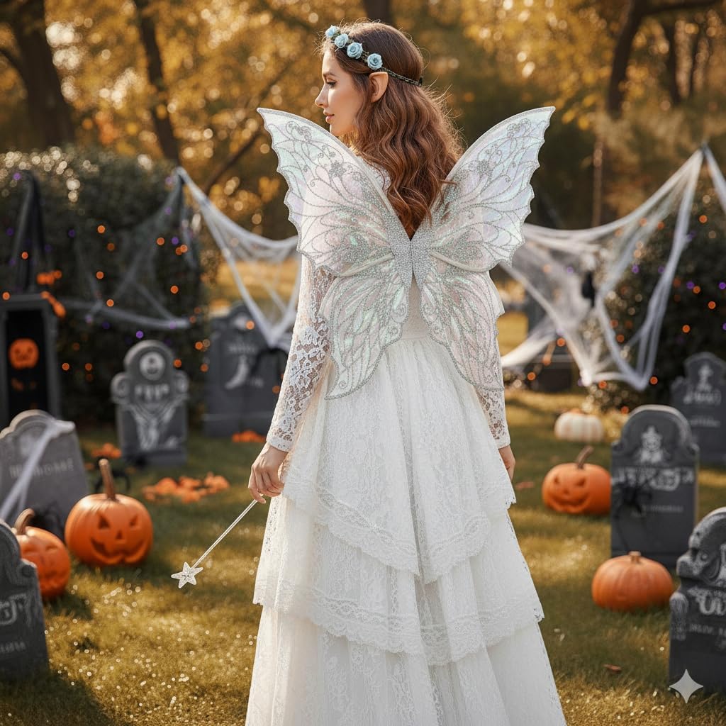 Fairy Wings for Adults, Fairy Costume Set with Floral Garland, Fairy Hair Tinsel, Wand & Elf Ears – 31.5"x21.6" Organza Butterfly Wings – Ideal for Cosplay, Party, Silver