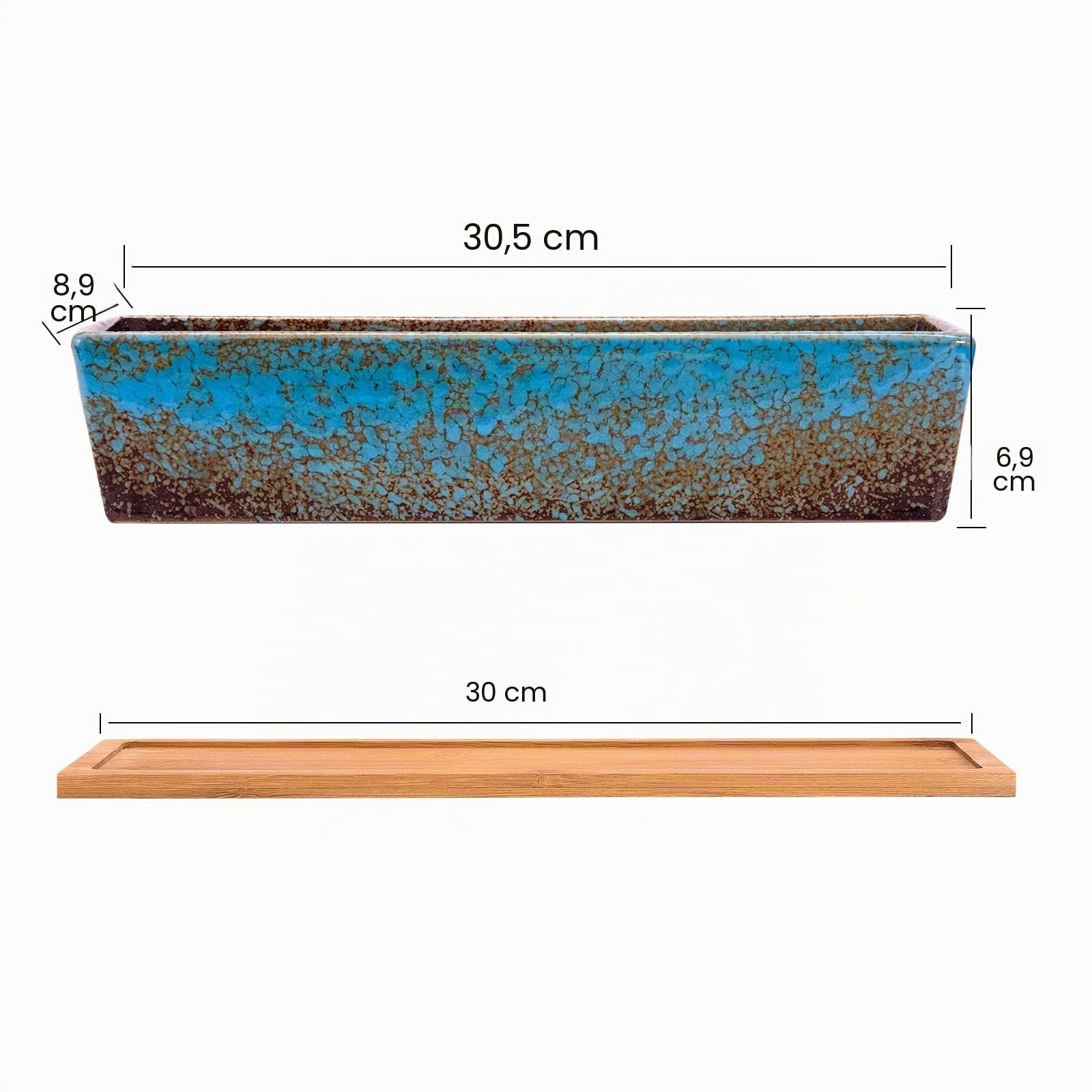 Macetas suculentas rectangulares de 12 pulgadas de largo con bandejas de drenaje, macetas grandes de cerámica con cactus para plantas de interior/exterior, caja de ventana de bonsái poco profunda