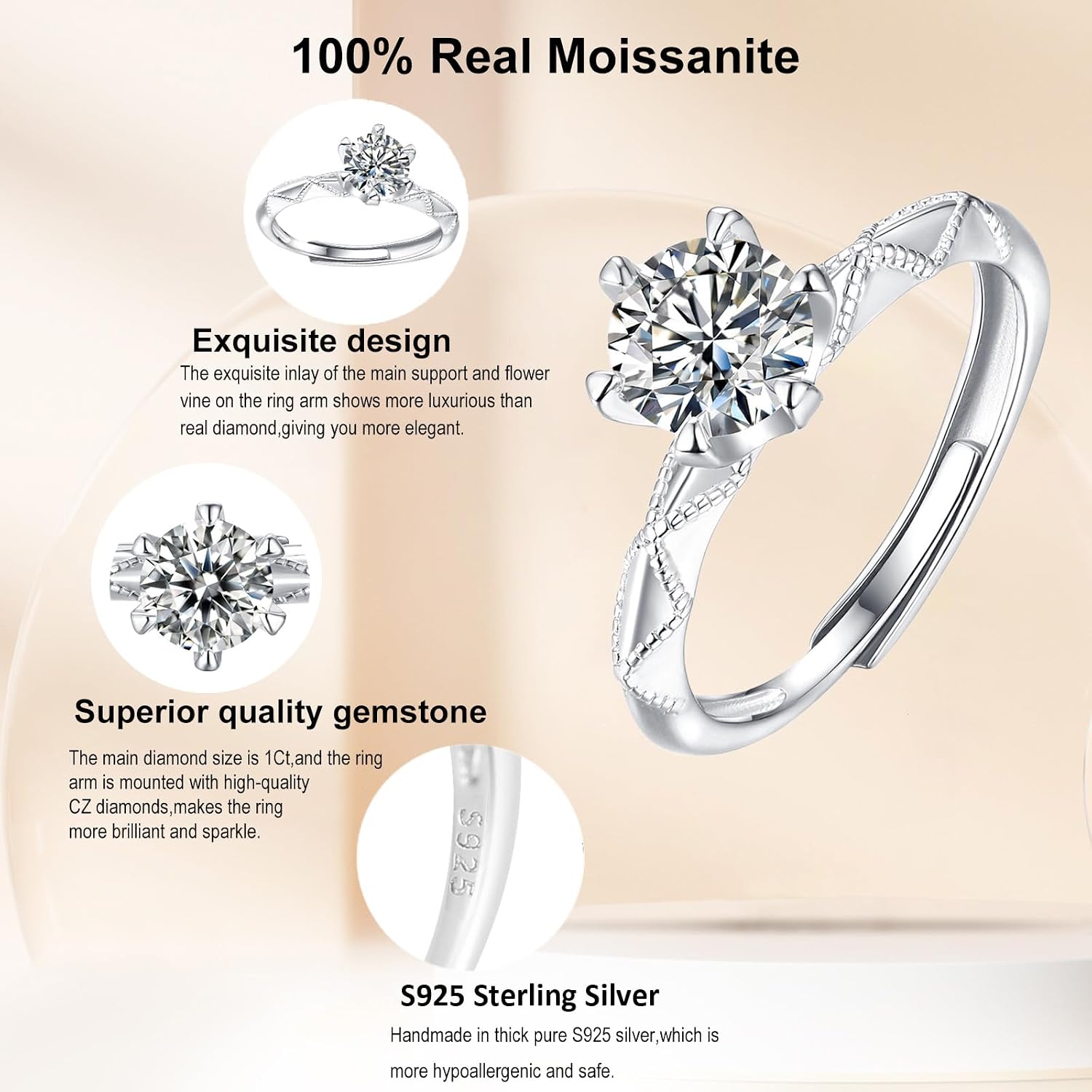Moissanite Engagement Rings for Women, 1 ct D Color VVS1 Lab Created Diamond Sterling Silver Rings Stackable Wedding Rings Anniversary Band and Promise Ring for Her Adjustable Vow