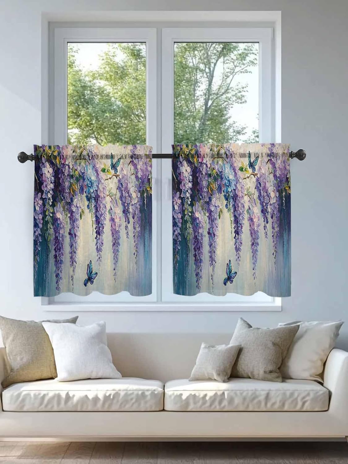 Purple Lavender Sheer Curtains for Bedroom Living Room Window Tier Curtain 24 Inch Length, Butterfly Flower Abstract Brush Artwork Rod Pocket Voile Drapes Kitchen Curtains Small Half Window 2 Panels