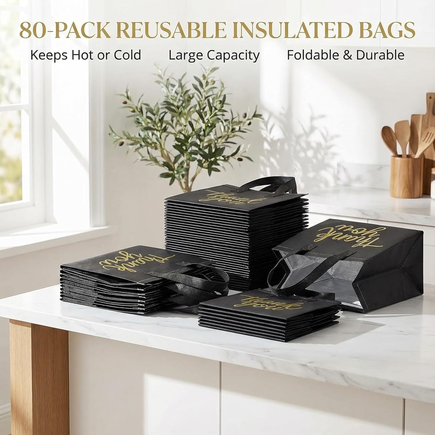 80-Pack Insulated Grocery Bags, Catering Food Delivery Pouches, Disposable Cooler Bags & Away Totes for Travel, Picnics (Black with Gold Thank You)