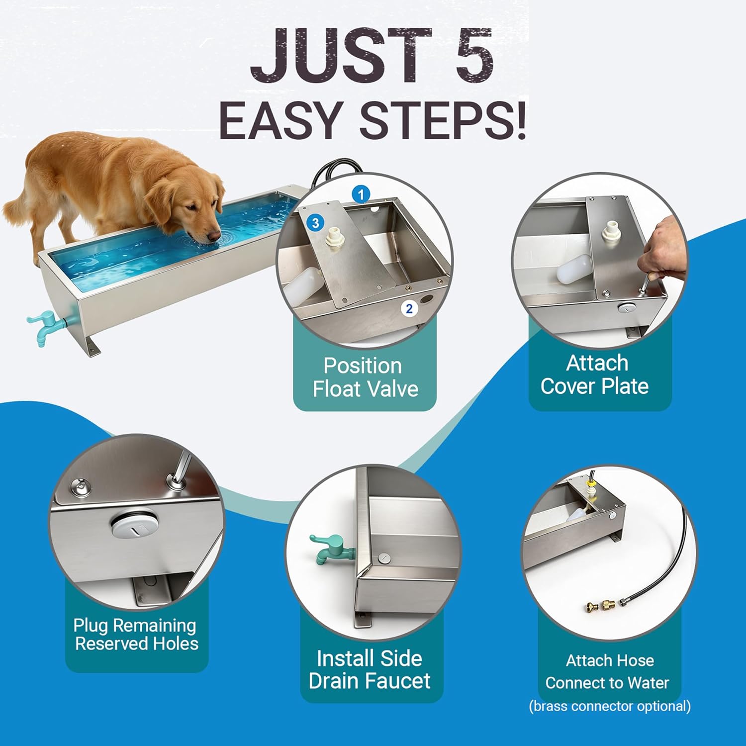 Automatic Large Dog Water Bowl Dispenser Livestock Waterer Drinking Trough 12 Gallon Stainless Steel with Float Valve for Cattle Chicken Goat Horse Pigs Poultry Outdoor Animals