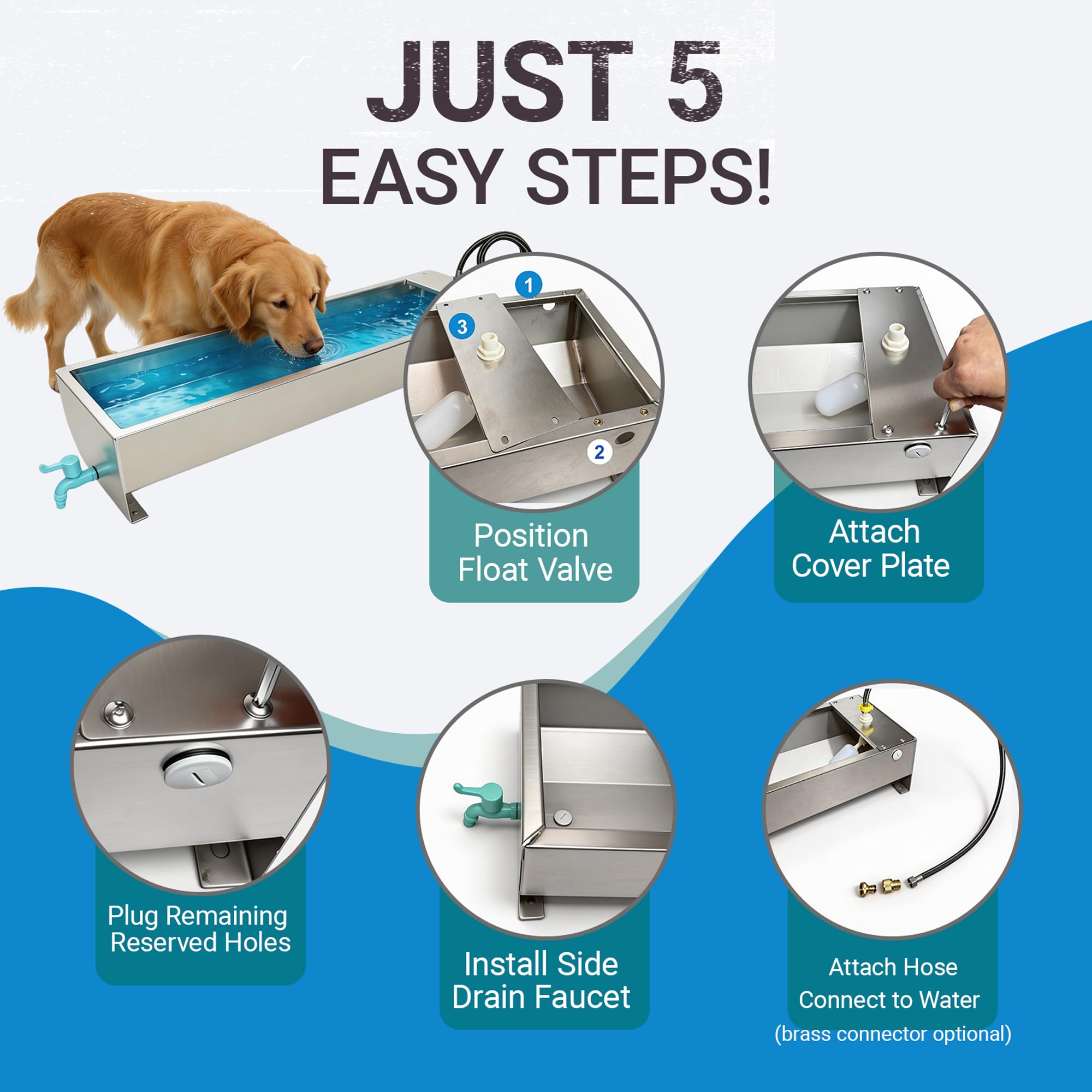 Dispensador automático de cuenco de agua grande para perros, bebedero de 3 galones de acero inoxidable con válvula flotante para ganado, pollo, cabra, caballo, cerdos, aves de corral, animales al aire