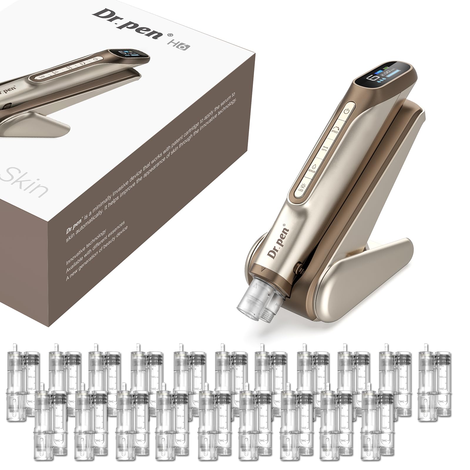 Dr.pen H6 Penna Microneedling Wireless con Infusione di Siero, Display LED, 6 Velocità e Profondità Regolabile 0–2,0 mm, Dispositivo per la Cura del Viso a Casa o in Salone, Oro