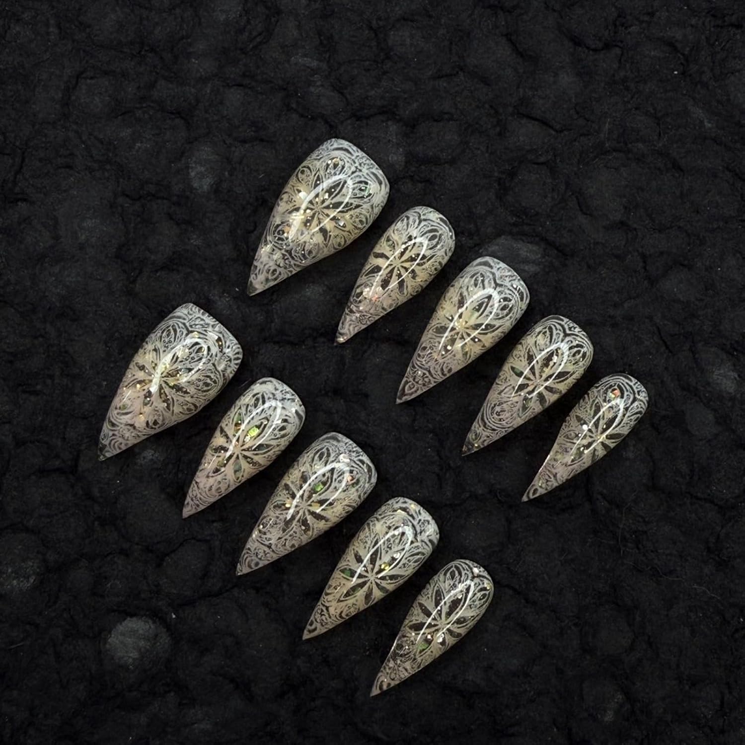 Cat Eye French Tip Nails with Glue Curved Short Eagle Claw False Nails Nail Press ons Muti-Layer Gel Luxury Dragon Claw Handmade Nail Cute False Nails for Women (Style 18,S)