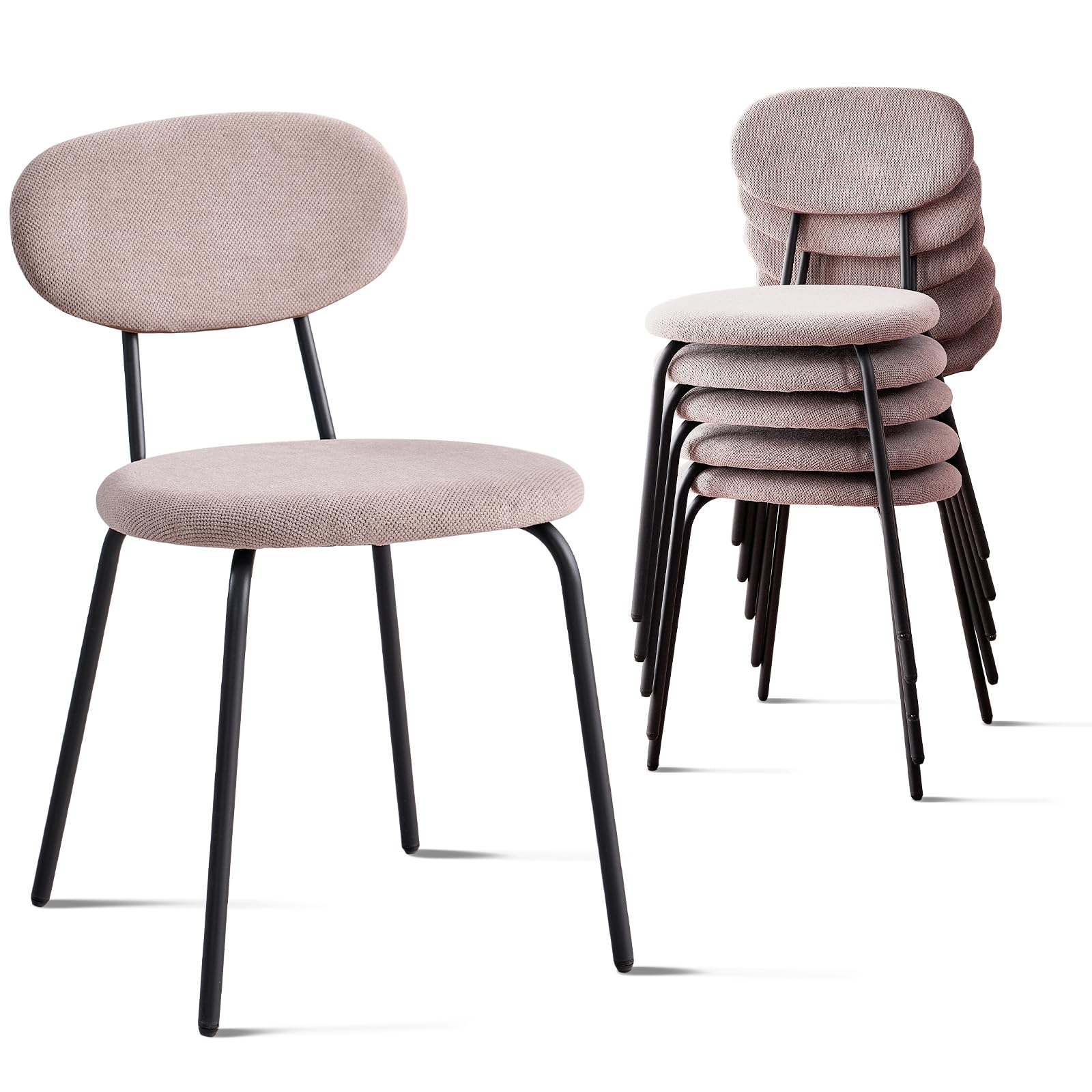 Lecafur HL Stackable Dining Chair Set of 6, Small Modern Kitchen Chair with Fabric Cushion, Space Saving Chairs for Apartment Living Room, Khaki