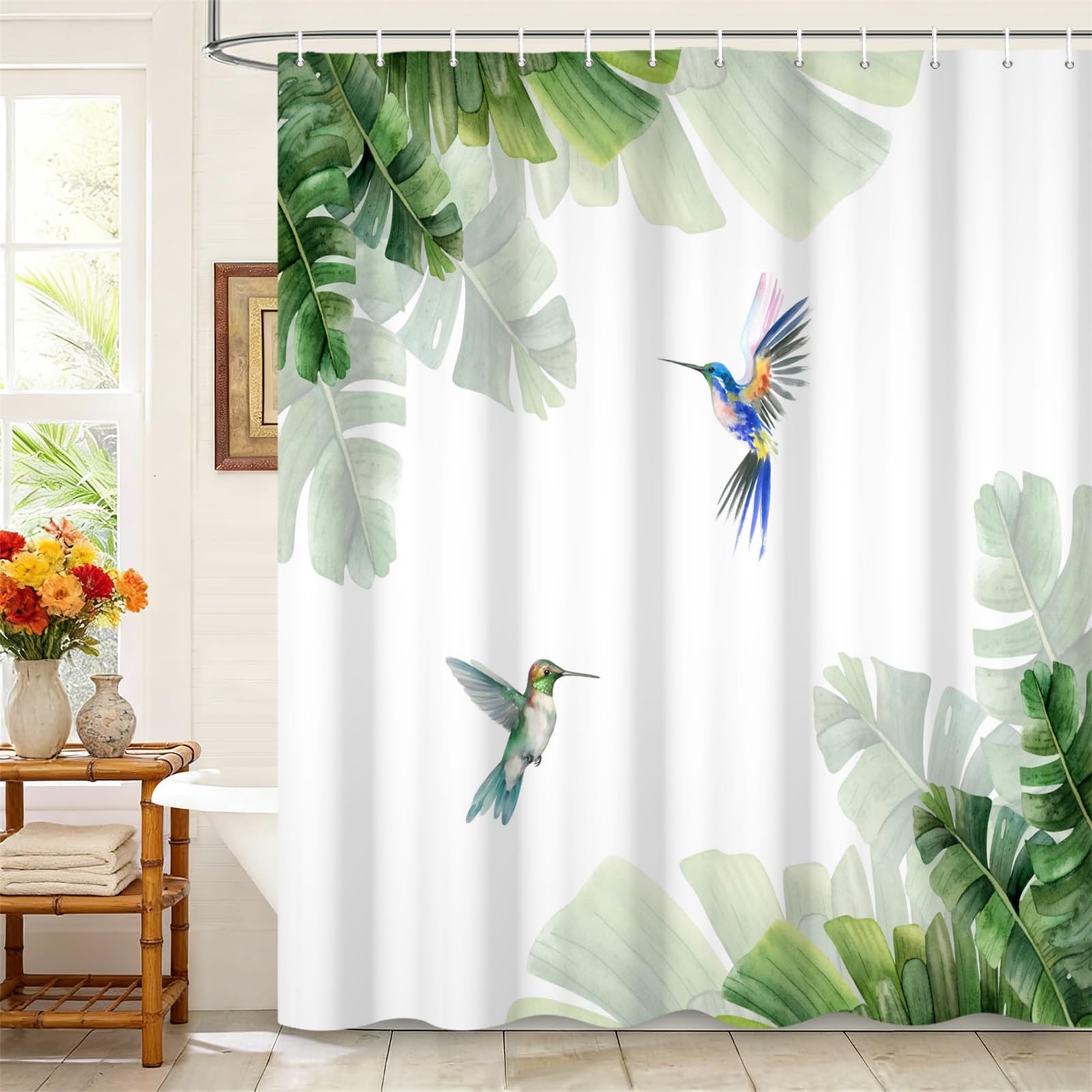 Kzzfqxb 165x180cm Shower Curtains with Hooks, Clean Simple White Background Diagonal Green Plants Banana Leaves with Hummingbirds Waterproof for Bathtub, Polyester Bath Bathroom Natural Decoration