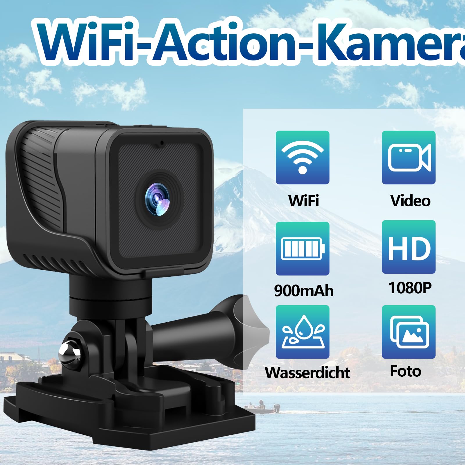 Mini Action Cam, WiFi 1080P HD & 120° Weitwinkel Helmkamera, 4 Stunden großer Akku Actionkameras mit Wasserdichter Funktion