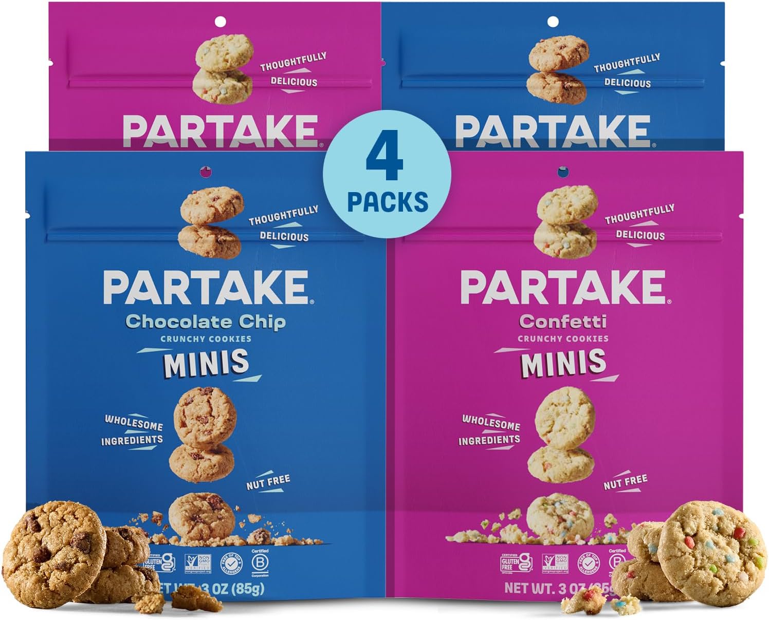 Gluten Free Partake Crunchy Chocolate Chip & Vanilla Sprinkle Cookies Variety Pack - Vegan - Free From the Top 9 Allergens Including Dairy, Wheat, Soy, Eggs, & Peanuts - Non GMO - Safe School & Office Snack (4 Pack, 3oz Resealable Bags)