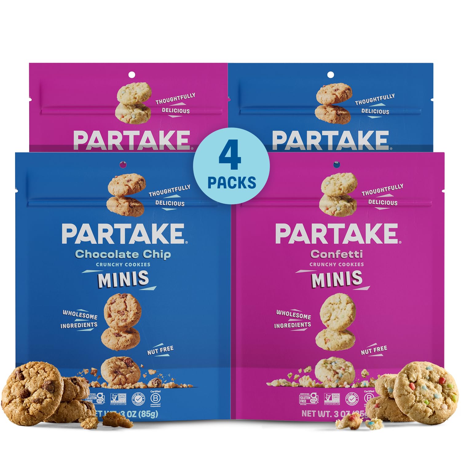 Partake FoodsGluten Free Crunchy Chocolate Chip & Vanilla Sprinkle Cookies Variety Pack - Vegan - Free From the Top 9 Allergens Including Dairy, Wheat, Soy, Eggs, & Peanuts - Non GMO - Safe School & Office Snack (4 Pack, 3oz Resealable Bags)