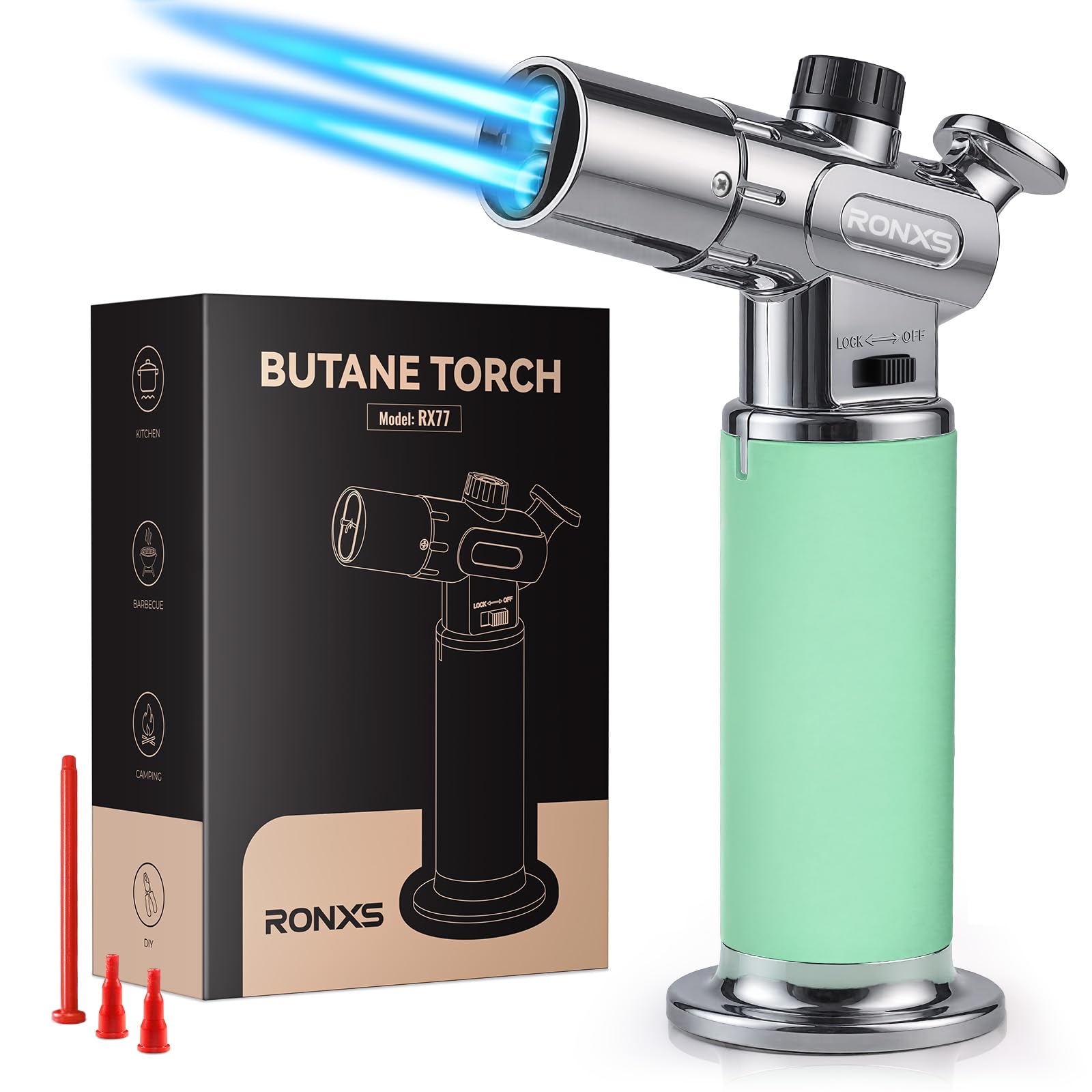 Butane Torch, RONXS Double Flame Kitchen Blow Torch Adjustable Refillable Cooking Torch Lighter with Continuous Flame for Creme Brulee, Baking, BBQ (Not Gas)