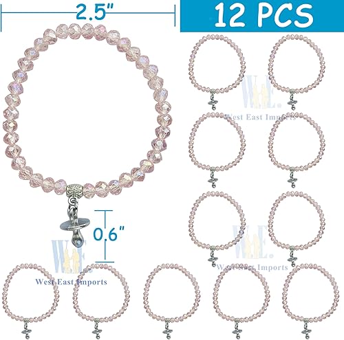 Miniatura 2 de WE Baby Shower Girl - Pulsera elástica de cristal rosa con dije para chupete (12 piezas)