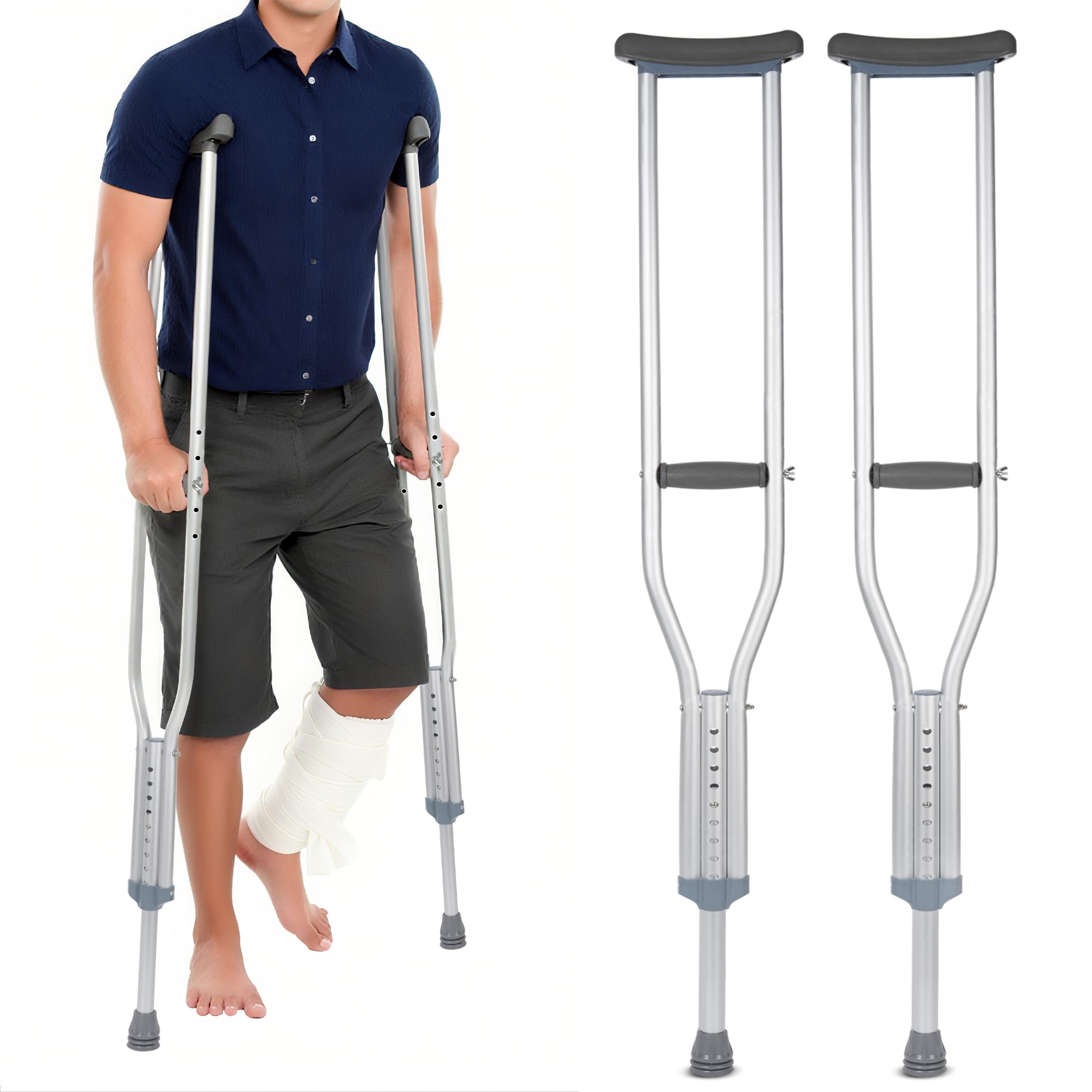 Muletas axilares para adultos, 2 unidades, muletas de altura ajustable para hombres y mujeres, muletas resistentes que soportan 150 kg (330 libras), muleta de aluminio ligera con asas acolchadas y