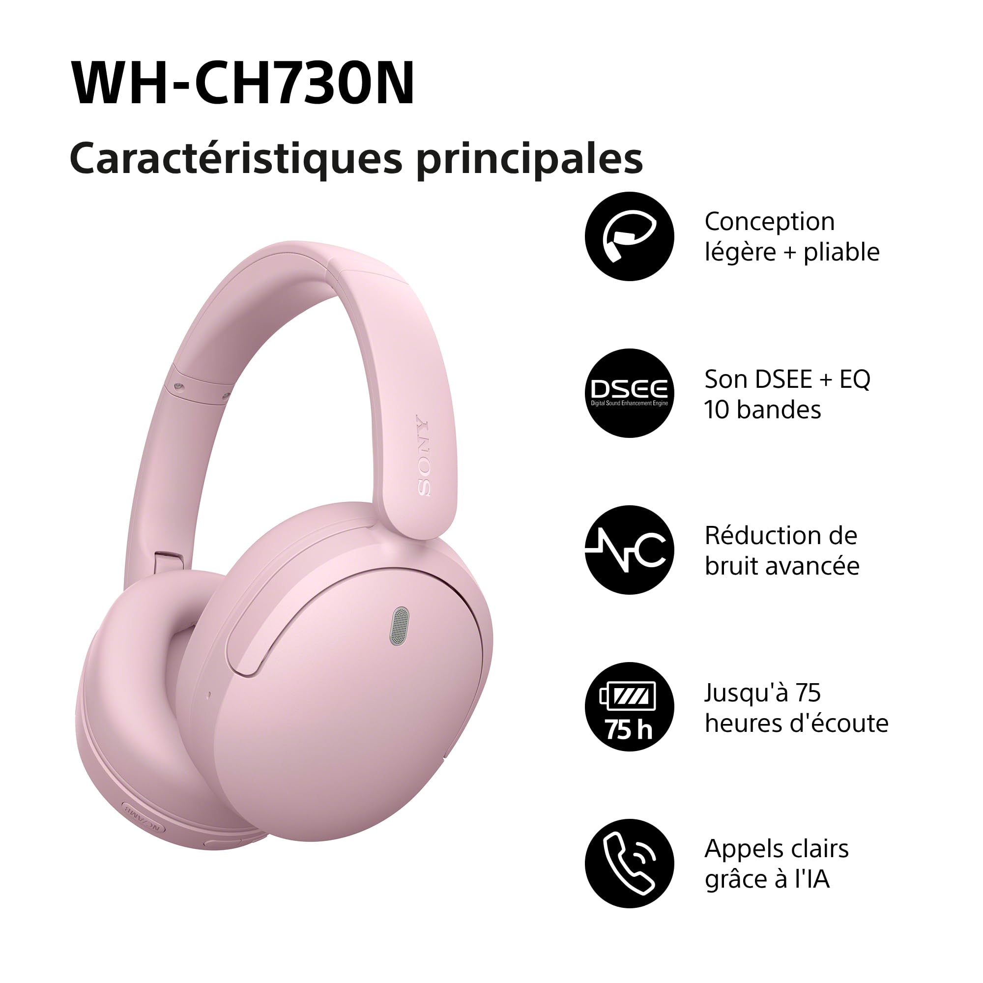 Casque sans Fil à réduction de Bruit Sony WH-CH730N