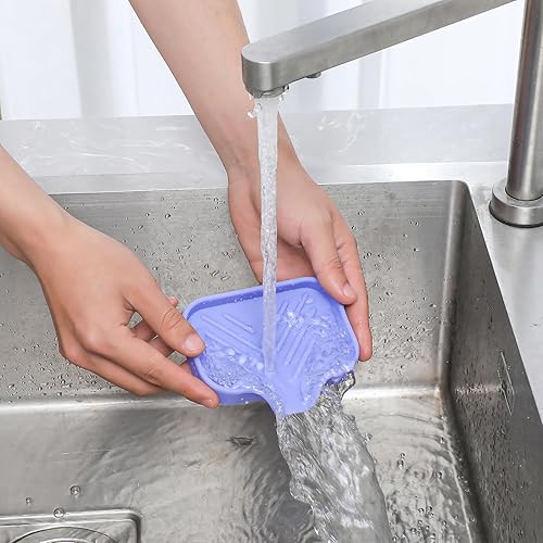 Vista 373 de Jaboneras de baño de silicona con boquilla de drenaje, organizador de fregadero de baño y cocina, soporte para esponja, bandeja de jabón para Gris