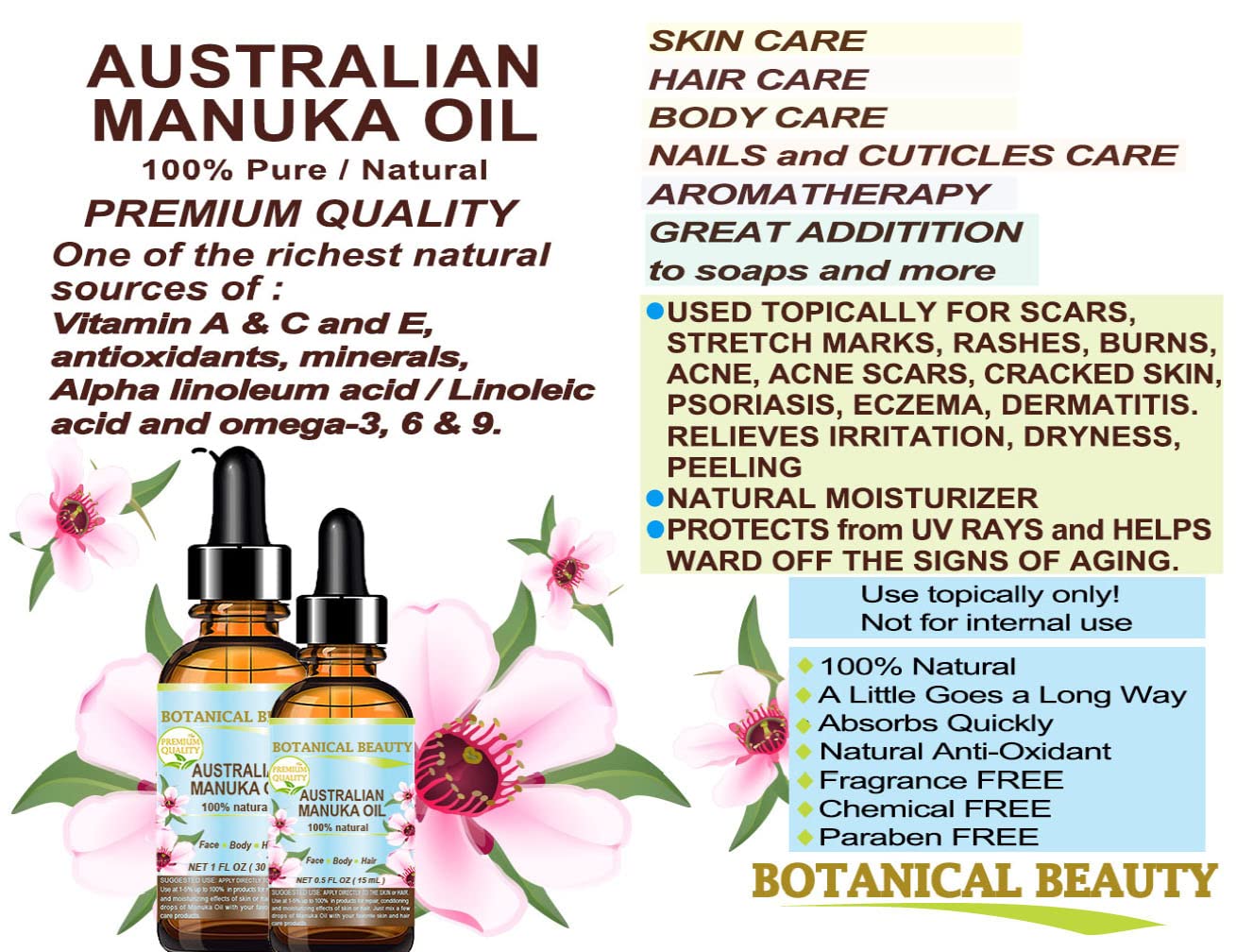 Botanical Beauty MANUKA OIL WILD GROWTH RAW 100% Natural VIRGIN UNREFINED Cold Pressed Carrier Oil. for Skin, Face, Hair, Lip and Nail Care Anti-Aging (1 Fl Oz 30 ml)