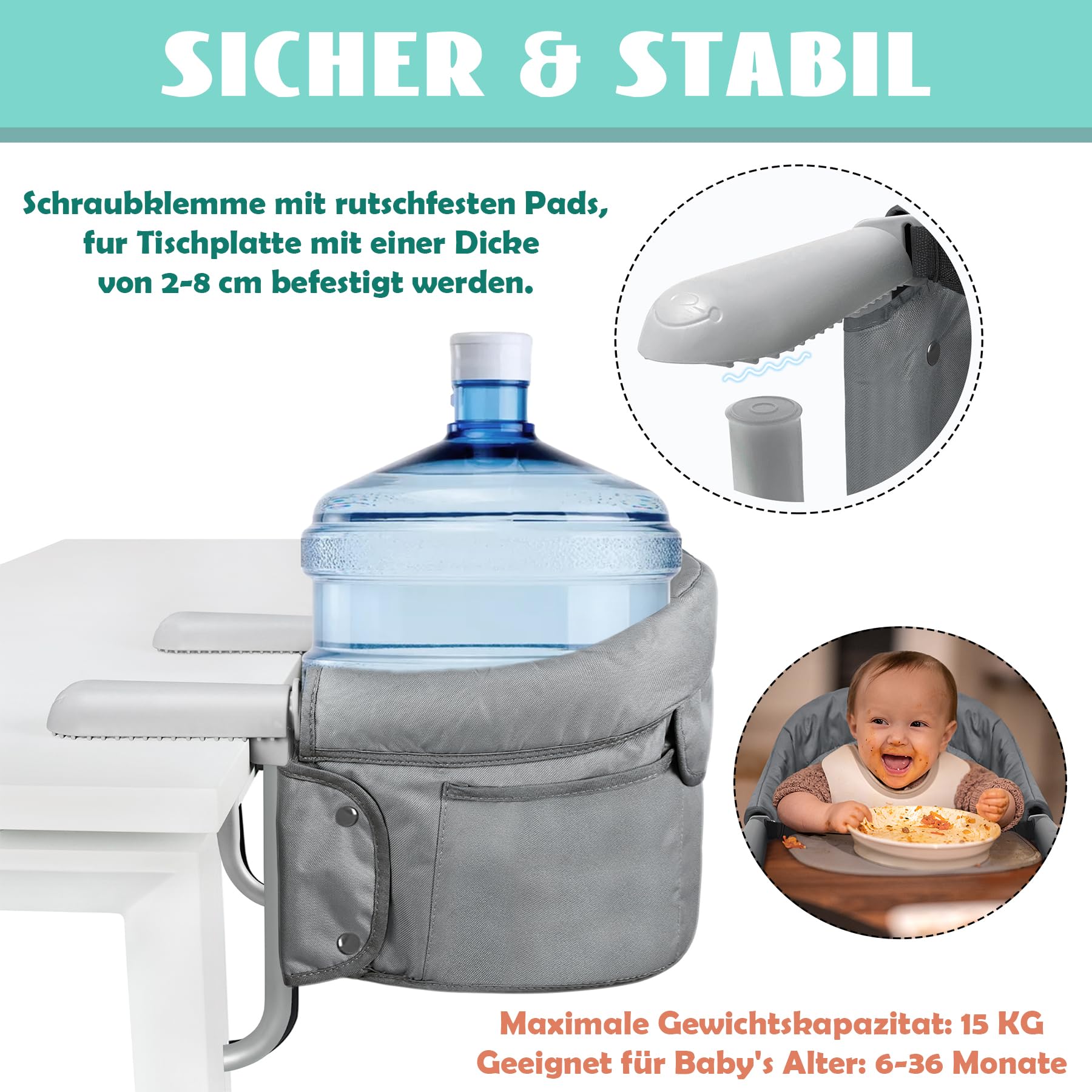 SUBTLETY Seggiolino da tavolo pieghevole, con borsa trasporto, antiscivolo, morsetti, borsa seduta, portatile, 2-8 cm spessore tavolo, 15 kg carico