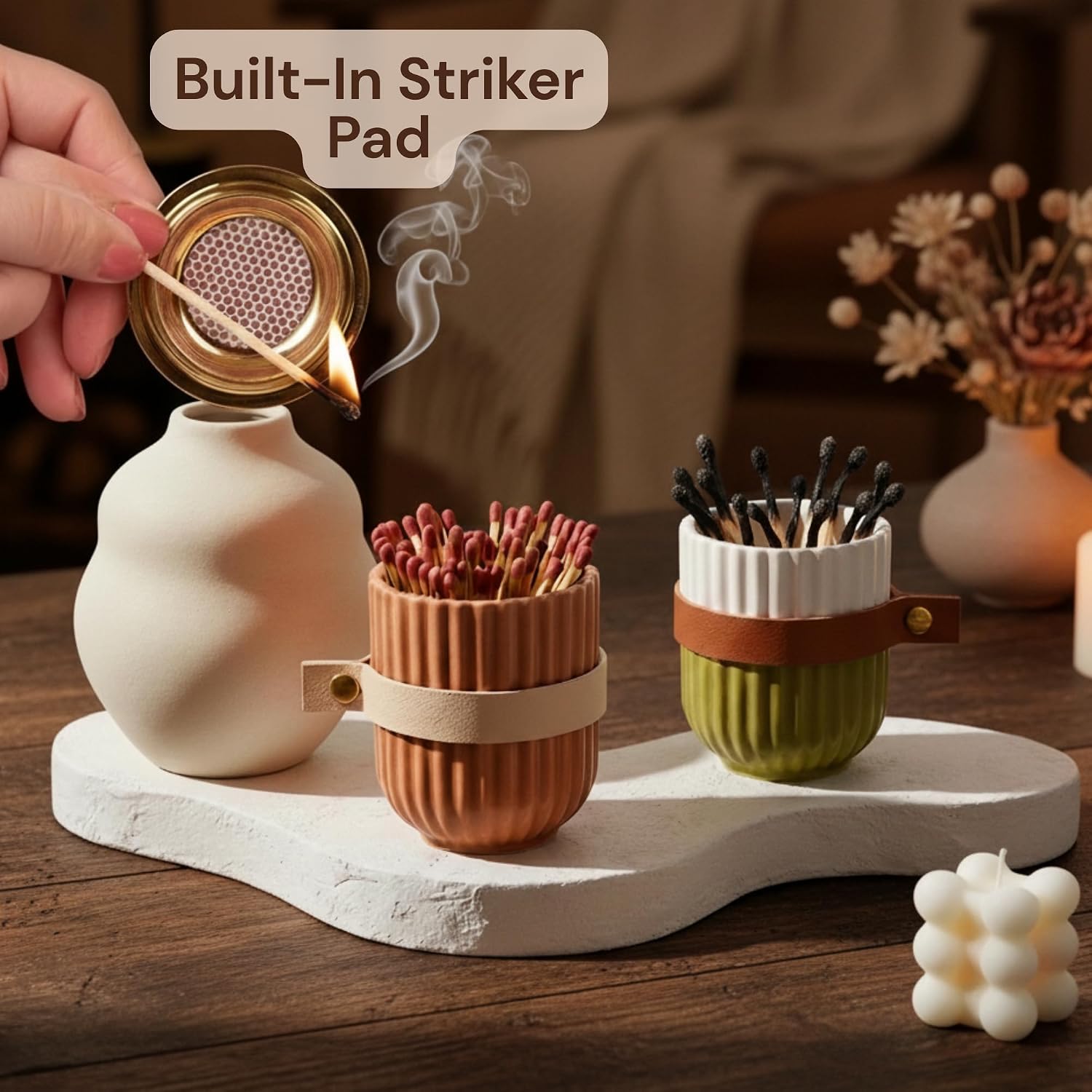 Ceramic Match Holder with Striker Set of 2 – Refillable Matches in a Jar & Match Cloche, Hidden Lid Striker – Decorative Match Jar for Candle Lovers, Bathroom & Fireplace & Incense Holder – No Matches