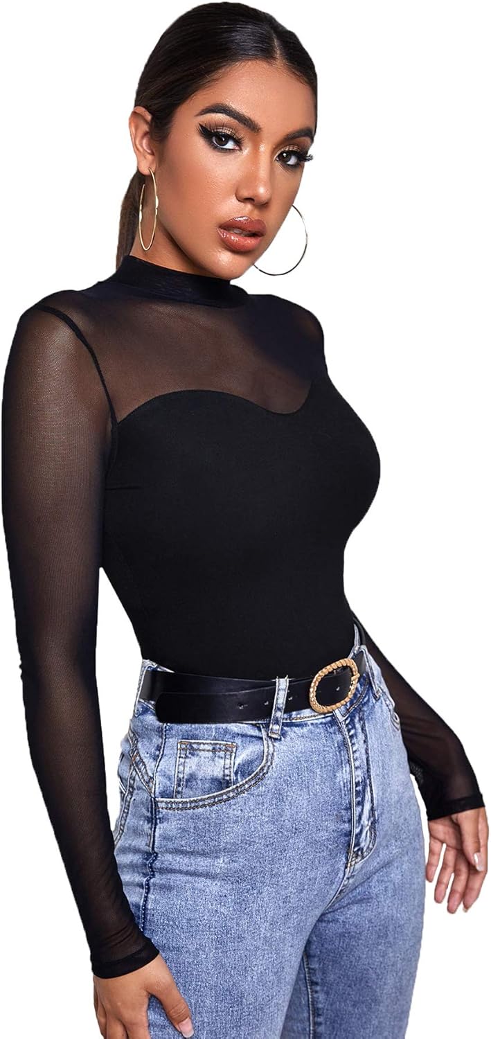 GORGLITTER Women's Turtleneck Long Sleeve Fall Tops Y2K Dressy Mock Neck Sexy Sheer Mesh Casual Going Out Tees Top 2025 - Image 4