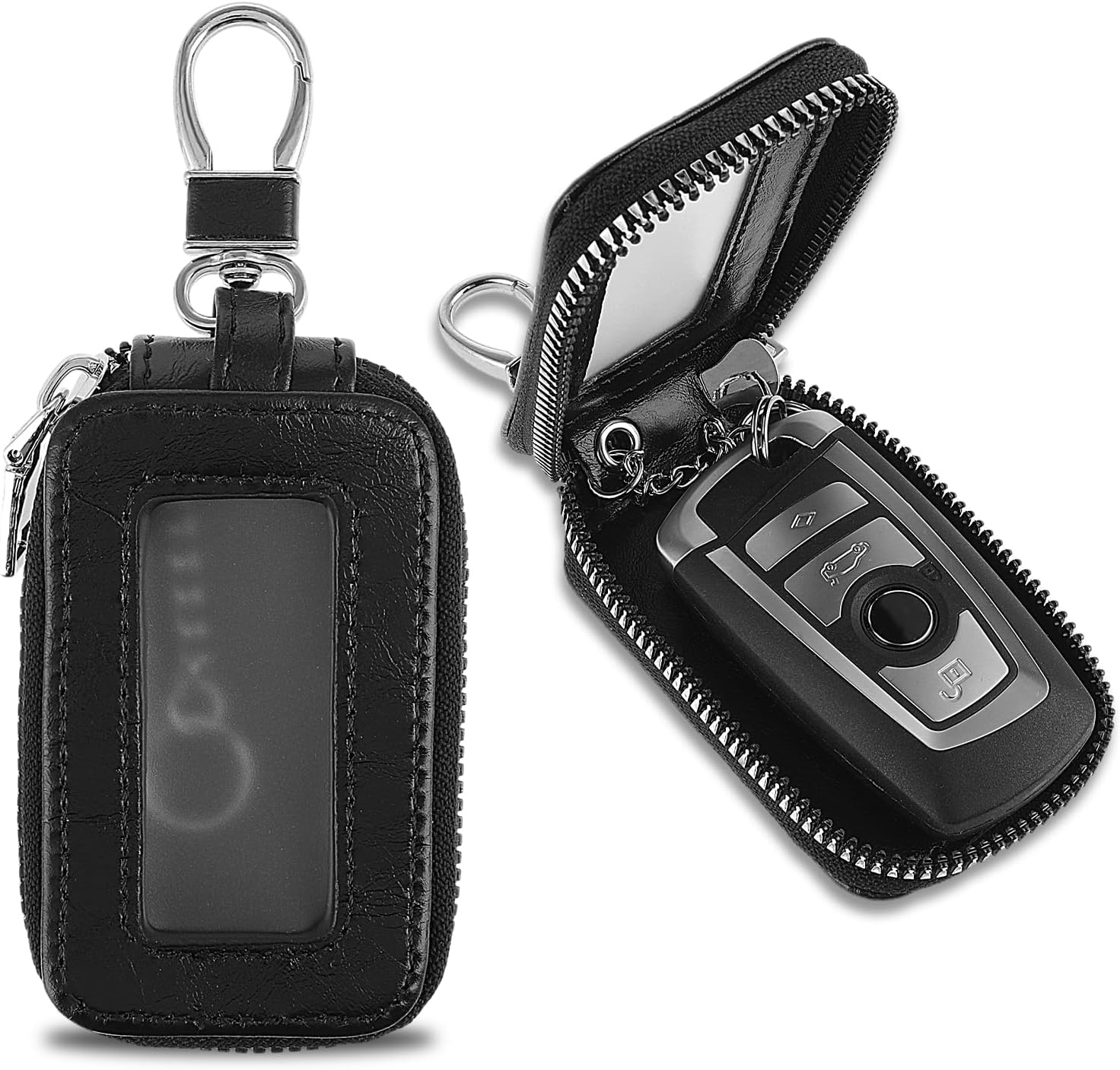 Car Fob Protector Car Key Holder Universal Premium Key Fob Holder Keychain with Zipper Closure Keychain Pouch Leather Car Key Fob Case with Metal Hook for Men Women