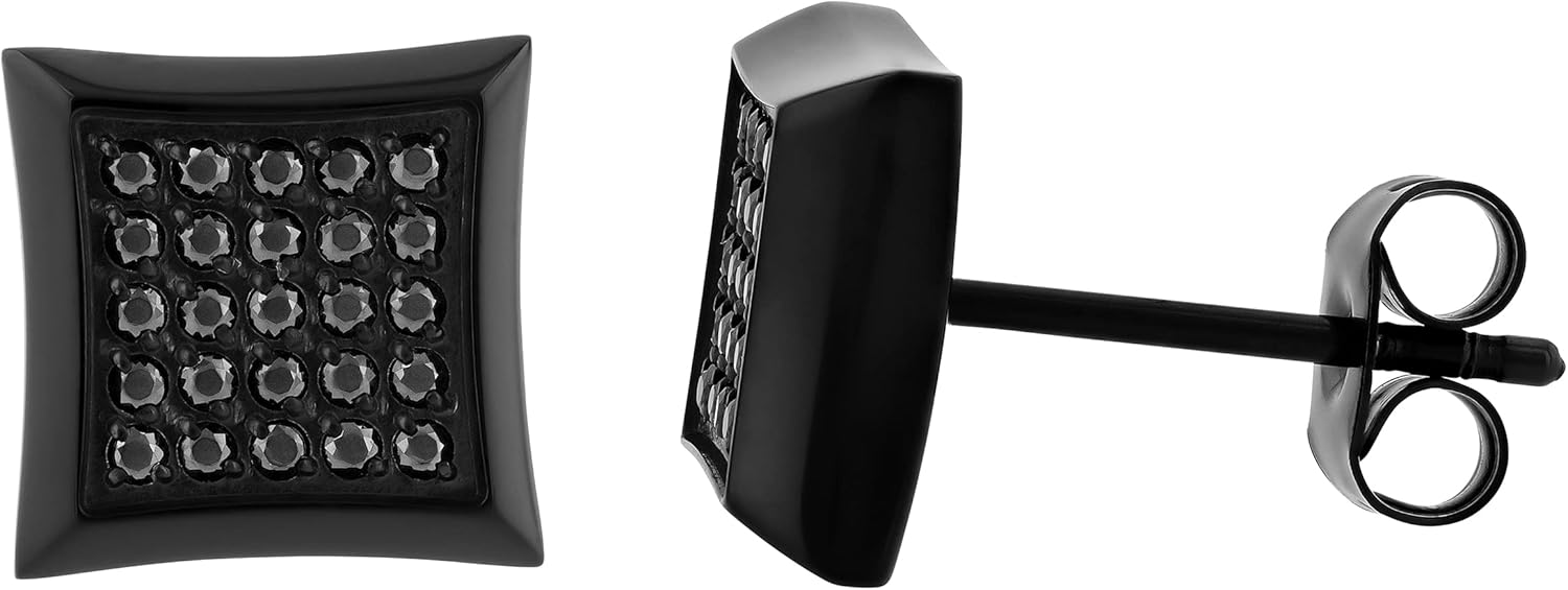 Stainless Steel Square Stud Earrings Pair for Men with Cubic Zirconia - Stylish Pushback Design - Choice of Colors